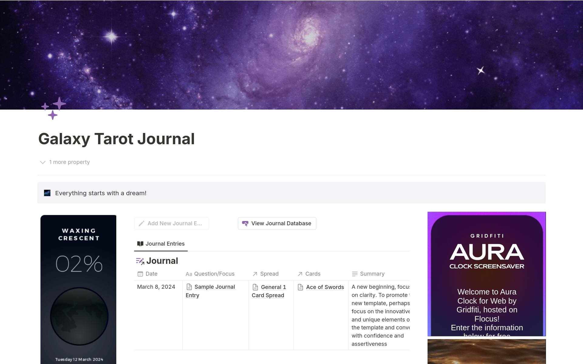 En förhandsgranskning av mallen för Galaxy Tarot Journal