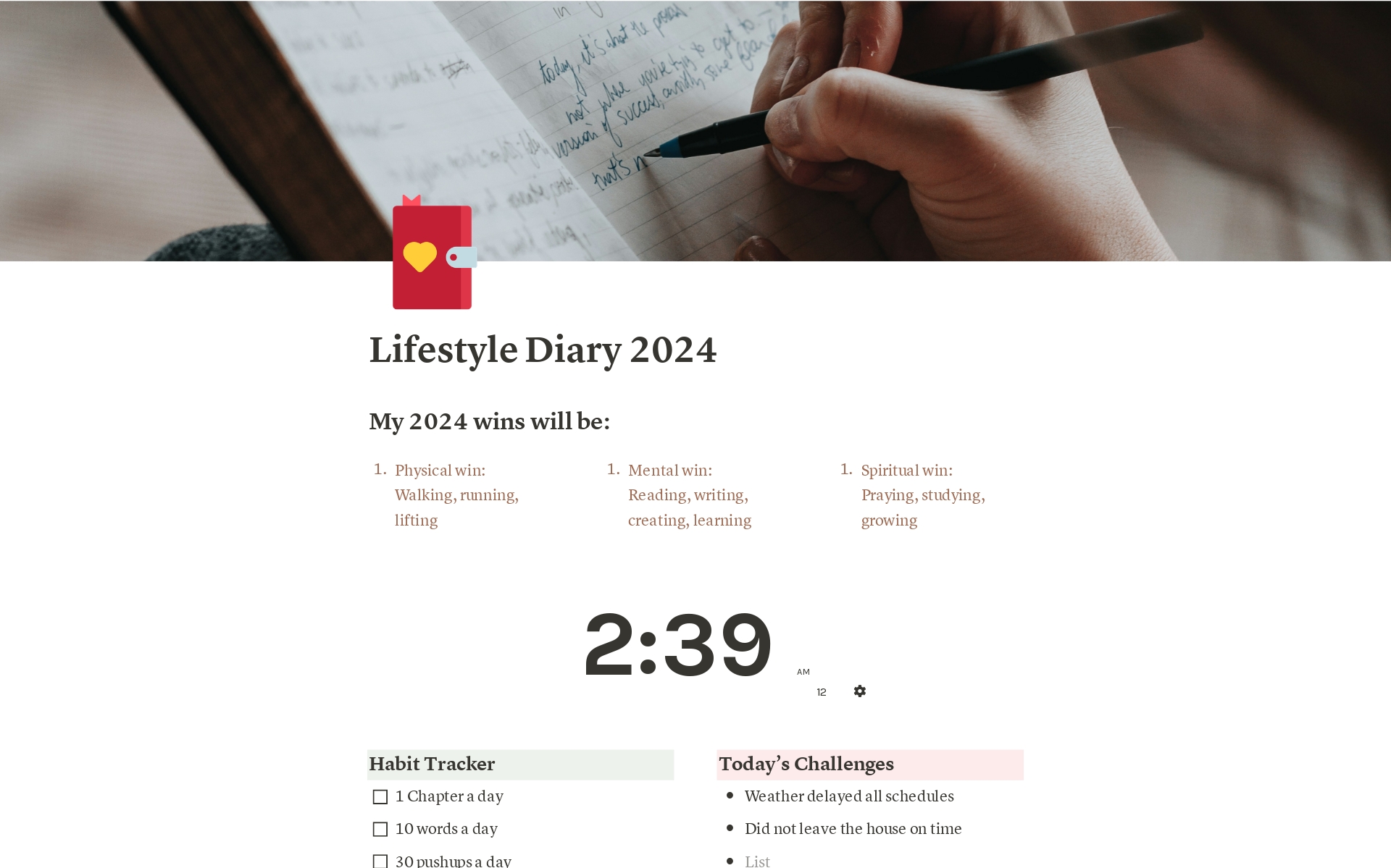 The "Lifestyle Diary 2024" template is a comprehensive organizational tool designed to help users manage their daily routines, track habits and challenges, set goals, and reflect on their mental well-being. It features a range of components including a clock for time management.