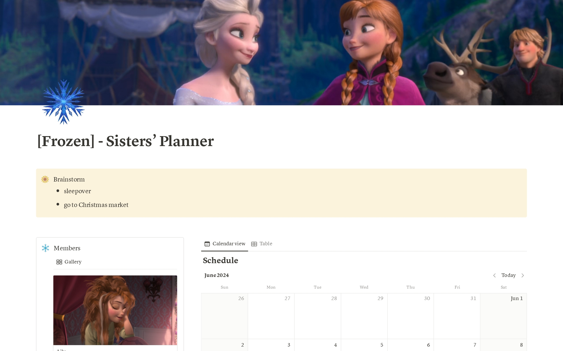 En förhandsgranskning av mallen för [Frozen] - Sisters' Planner