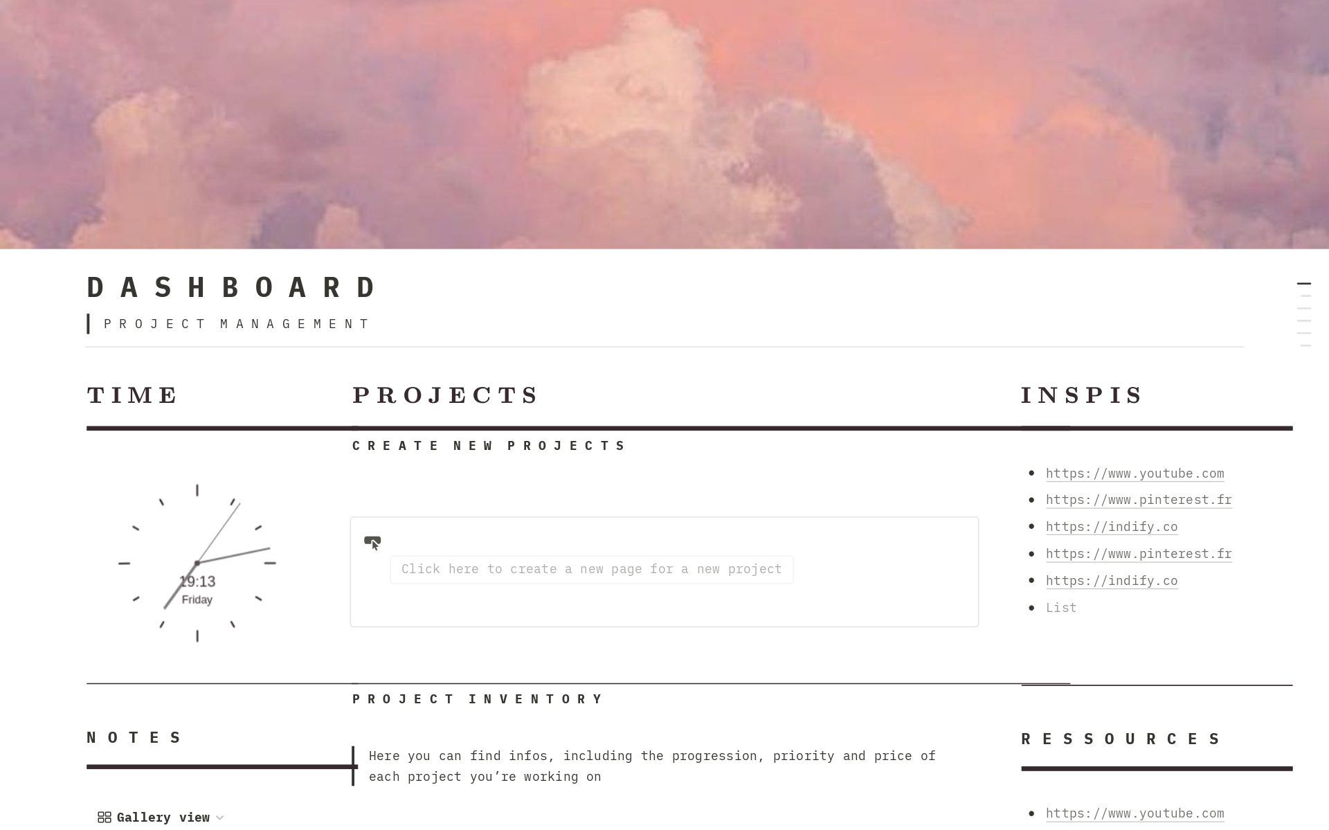 This Notion dashboard template is an all-in-one tool for managing time and projects, featuring customizable elements, live clock widgets, detailed project inventories, and a section for feedback. It includes a button for creating new project pages and links to inspirations.