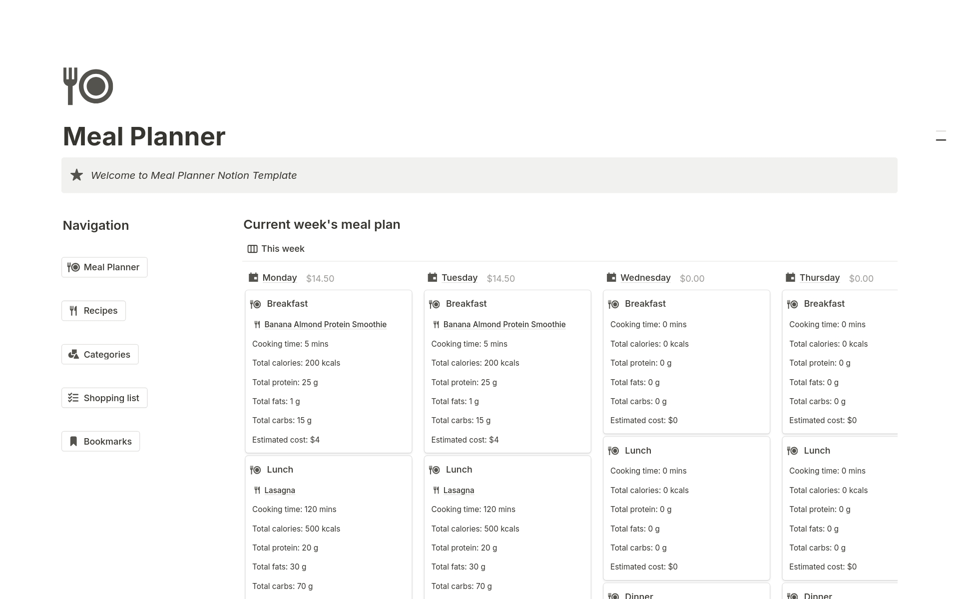 Meal Planner Notion Template 
A simple solution to plan your meal for the week, manage recipes, and track your shopping list