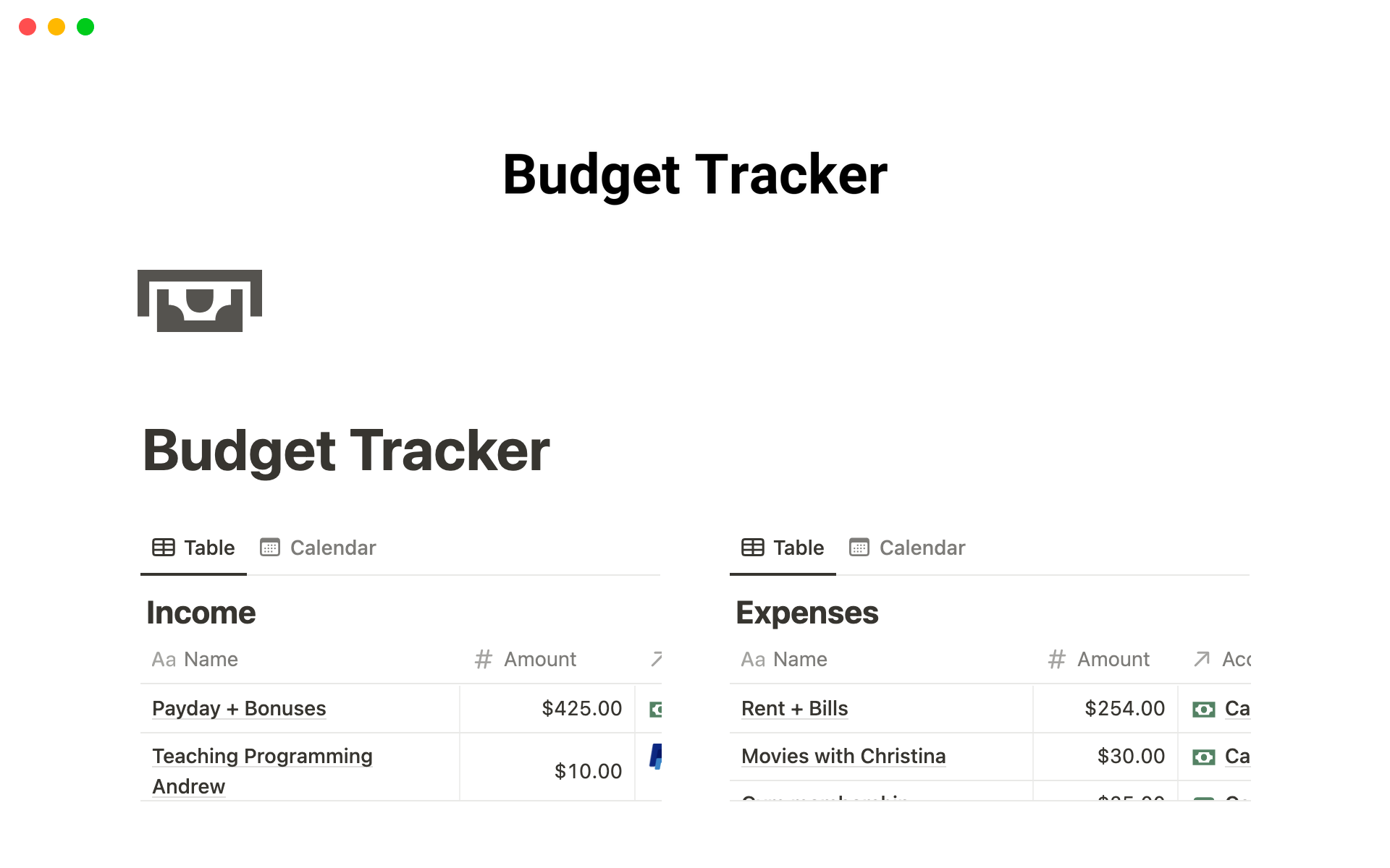 Uma prévia do modelo para Budget Tracker