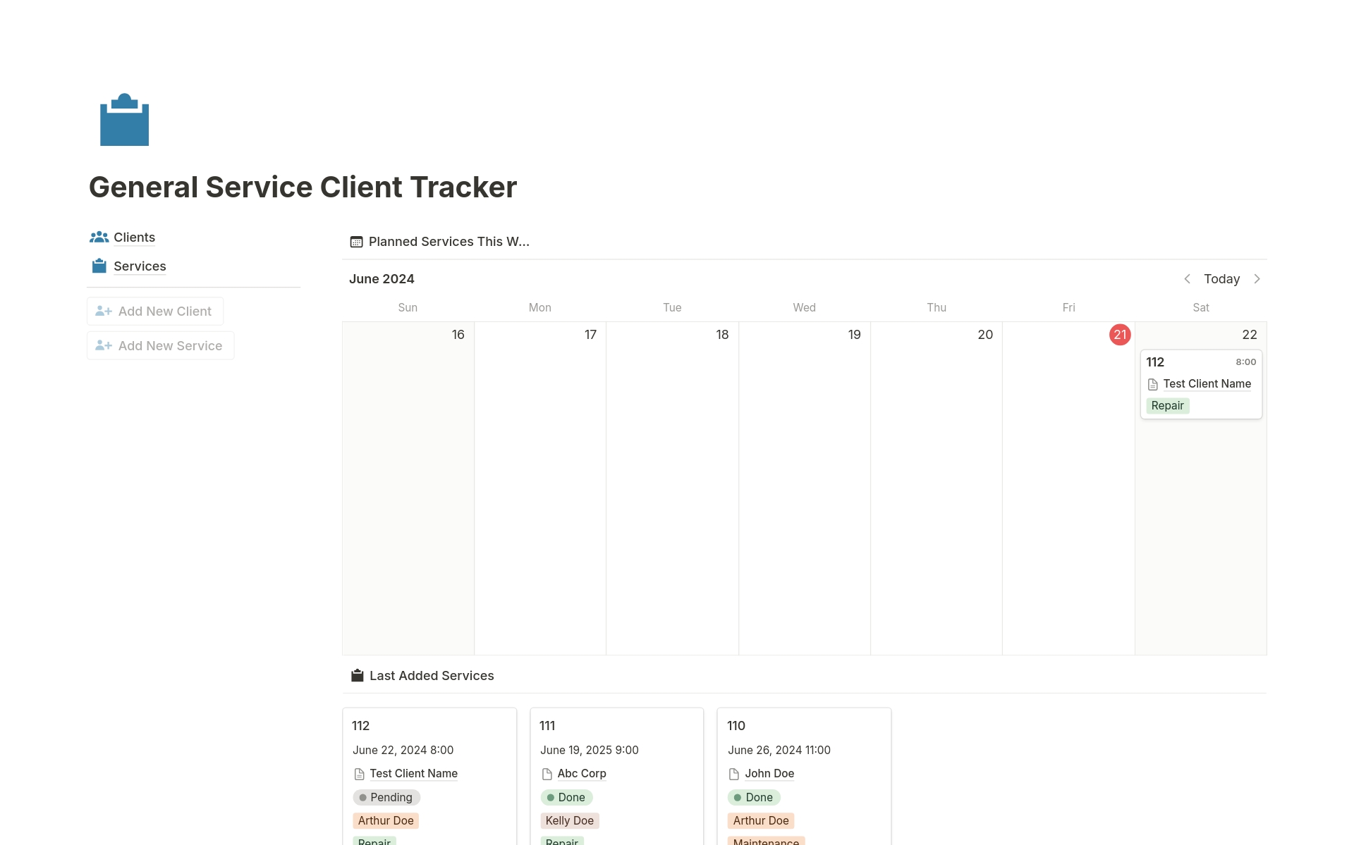 A template preview for General Service Client Tracker, Service CRM