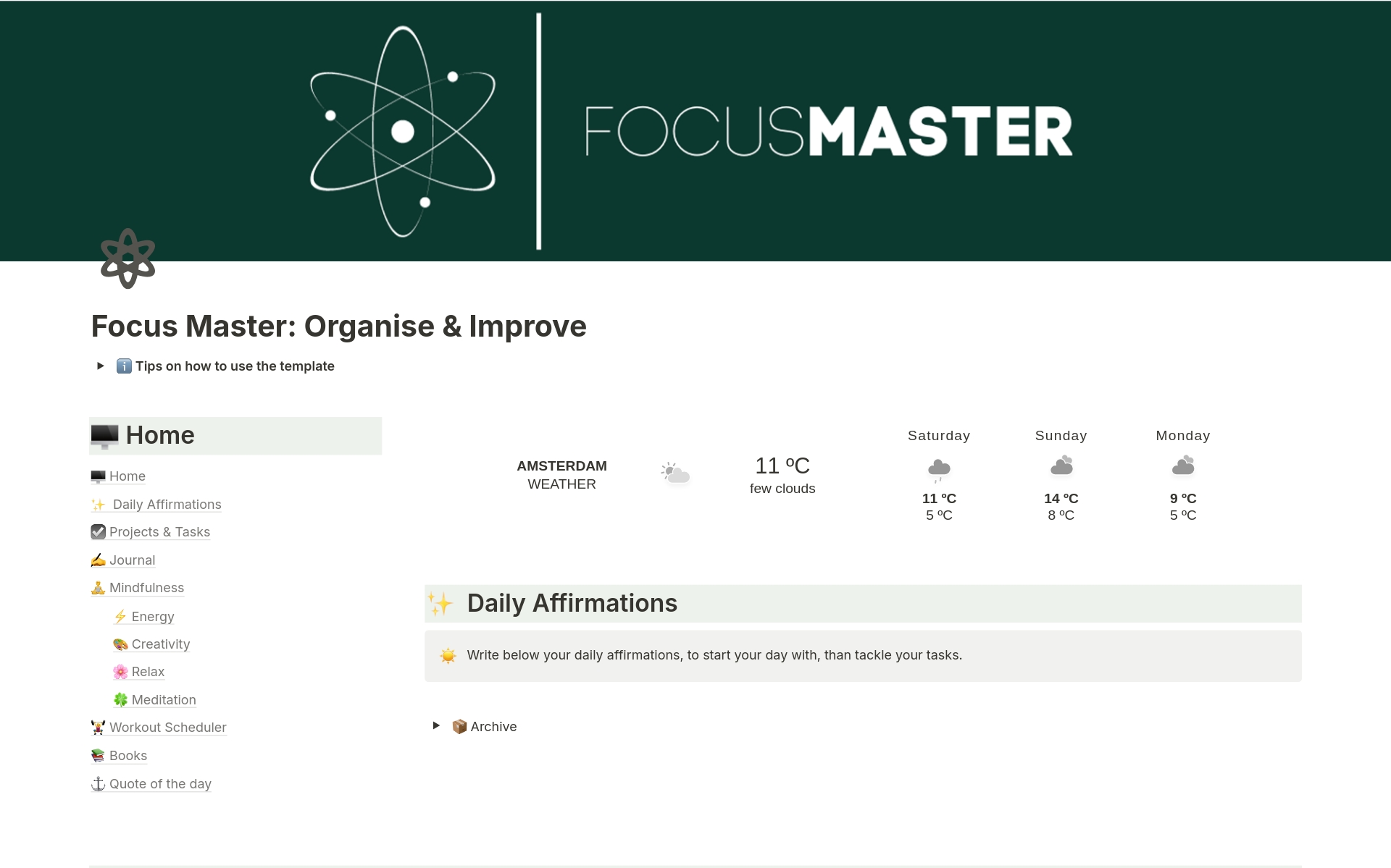 Meet FocusMaster, the revolutionary Notion template designed for the meticulous planner and the spontaneous creative alike. With FocusMaster, your days of juggling tasks, notes, and wellness habits are over.