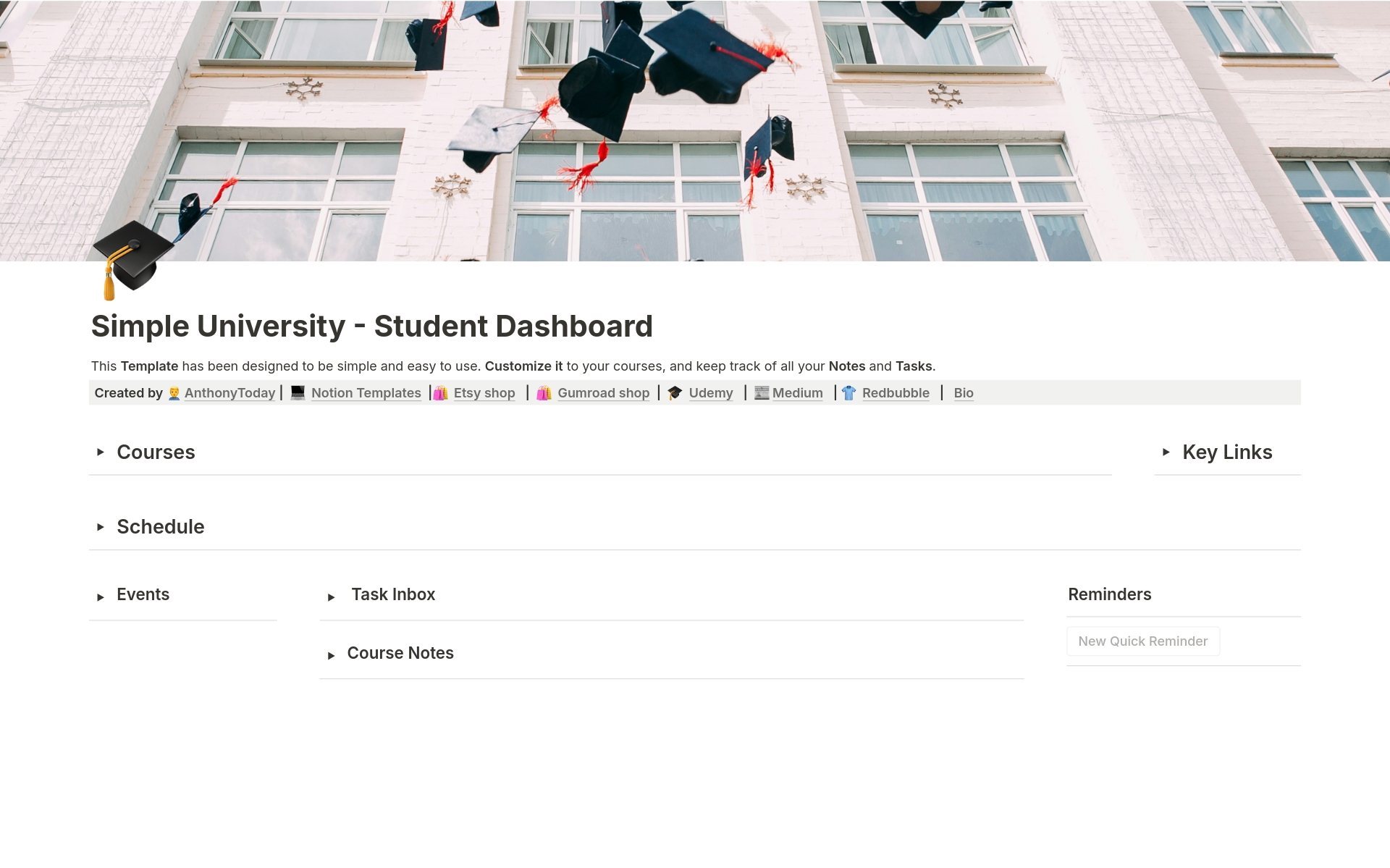 En forhåndsvisning av mal for Simple University - Student Dashboard