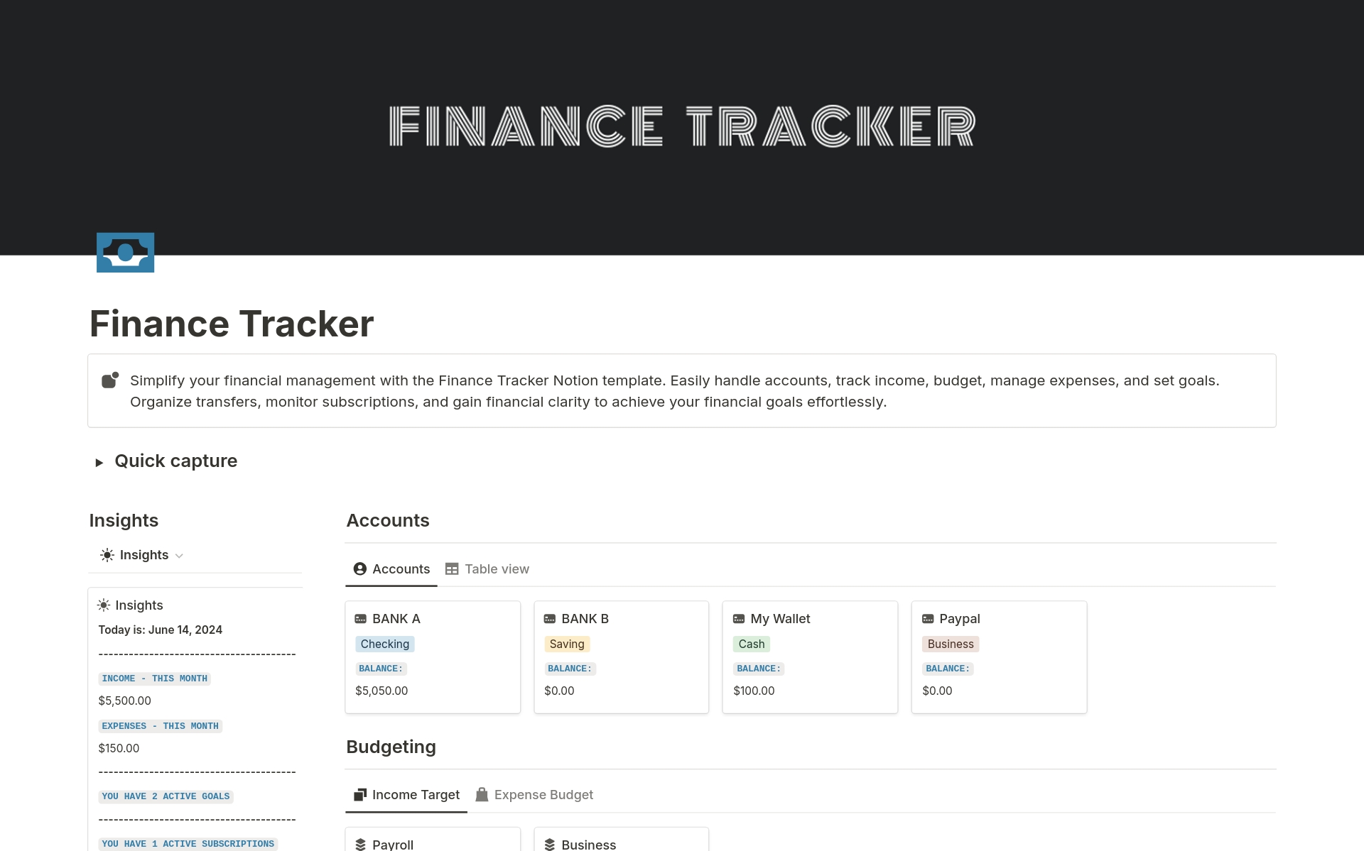Simplify your financial management with the Finance Tracker Notion template. Easily handle accounts, track income, budget, manage expenses, and set goals. Organize transfers, monitor subscriptions, and gain financial clarity to achieve your financial goals effortlessly.