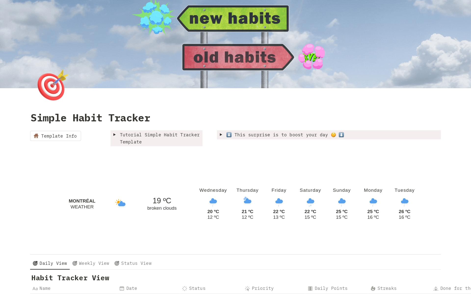 Discover Simple Habit Tracker Template. 
Use it to track your habits throughout the day and check your progress with "Daily Points Progress Bars" and "Streaks", from 🧊 to 🔥.