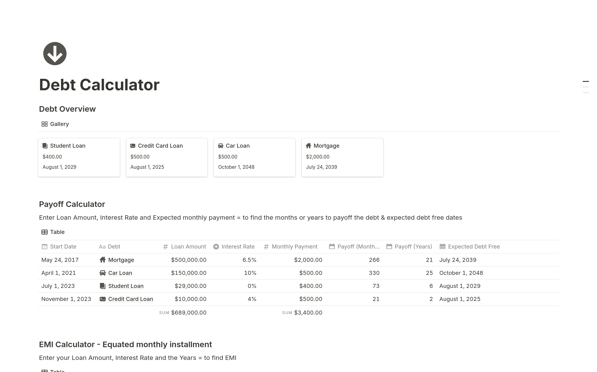 A template preview for Debt Calculator
