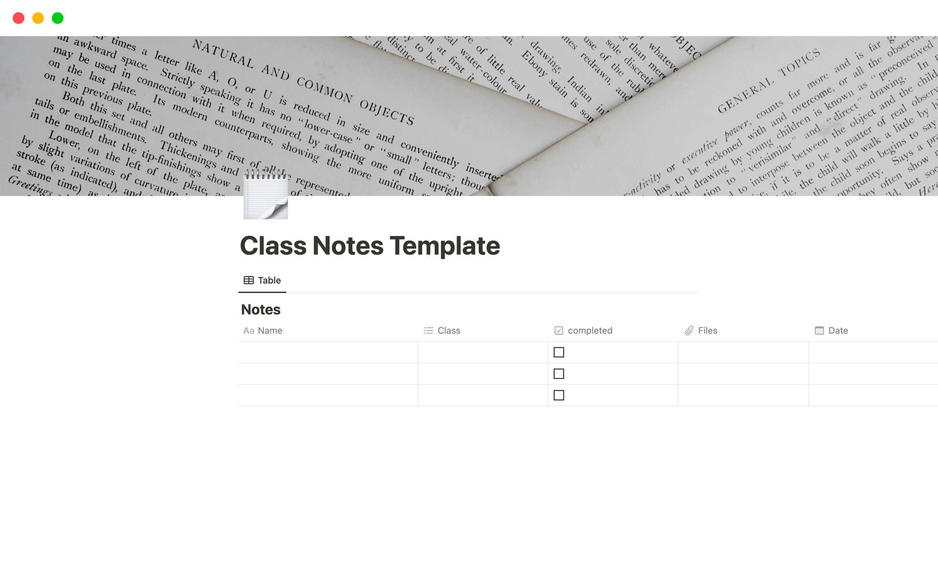 Eine Vorlagenvorschau für Class Notes