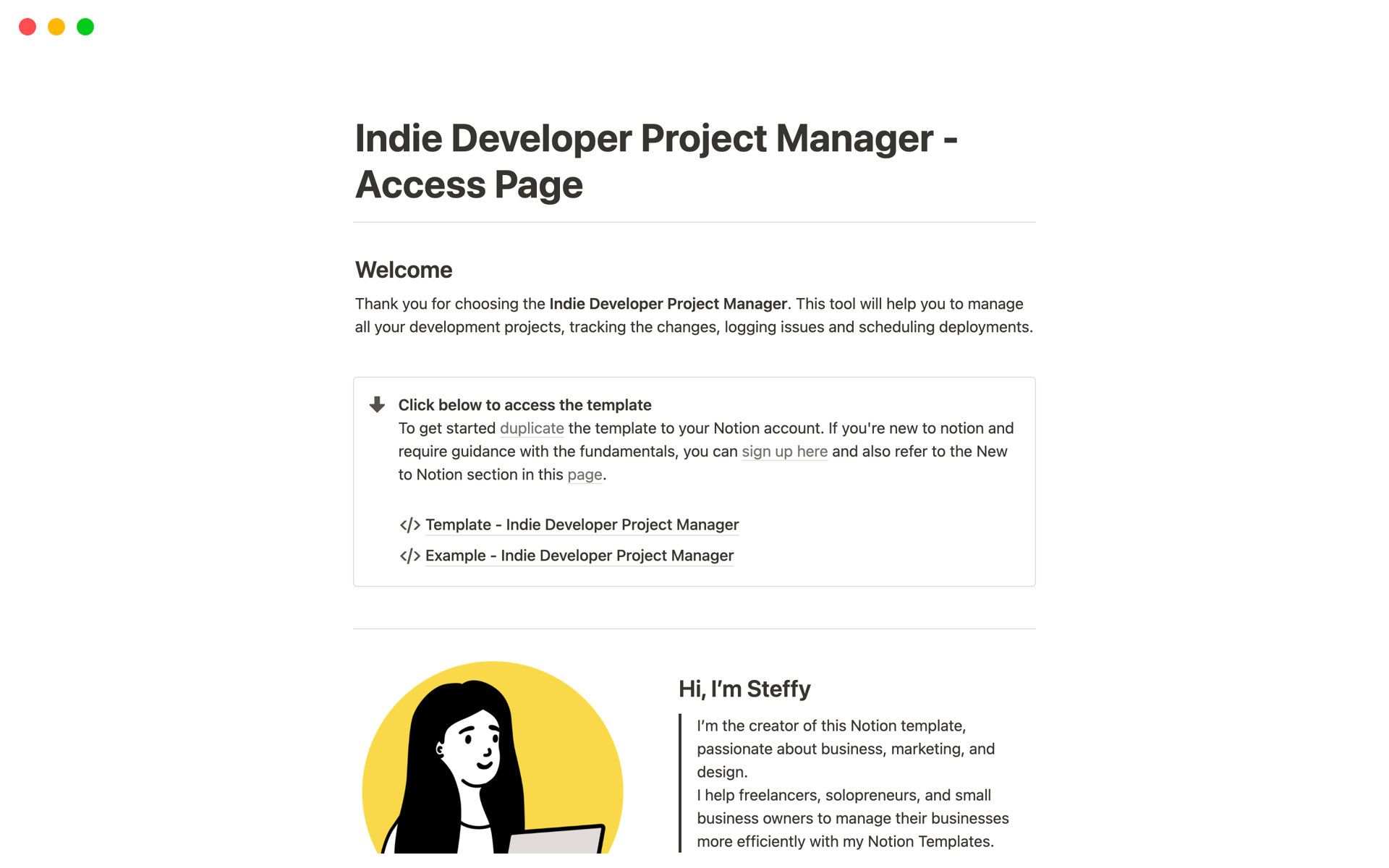 En forhåndsvisning av mal for Indie Developer Project Manager - Access Page