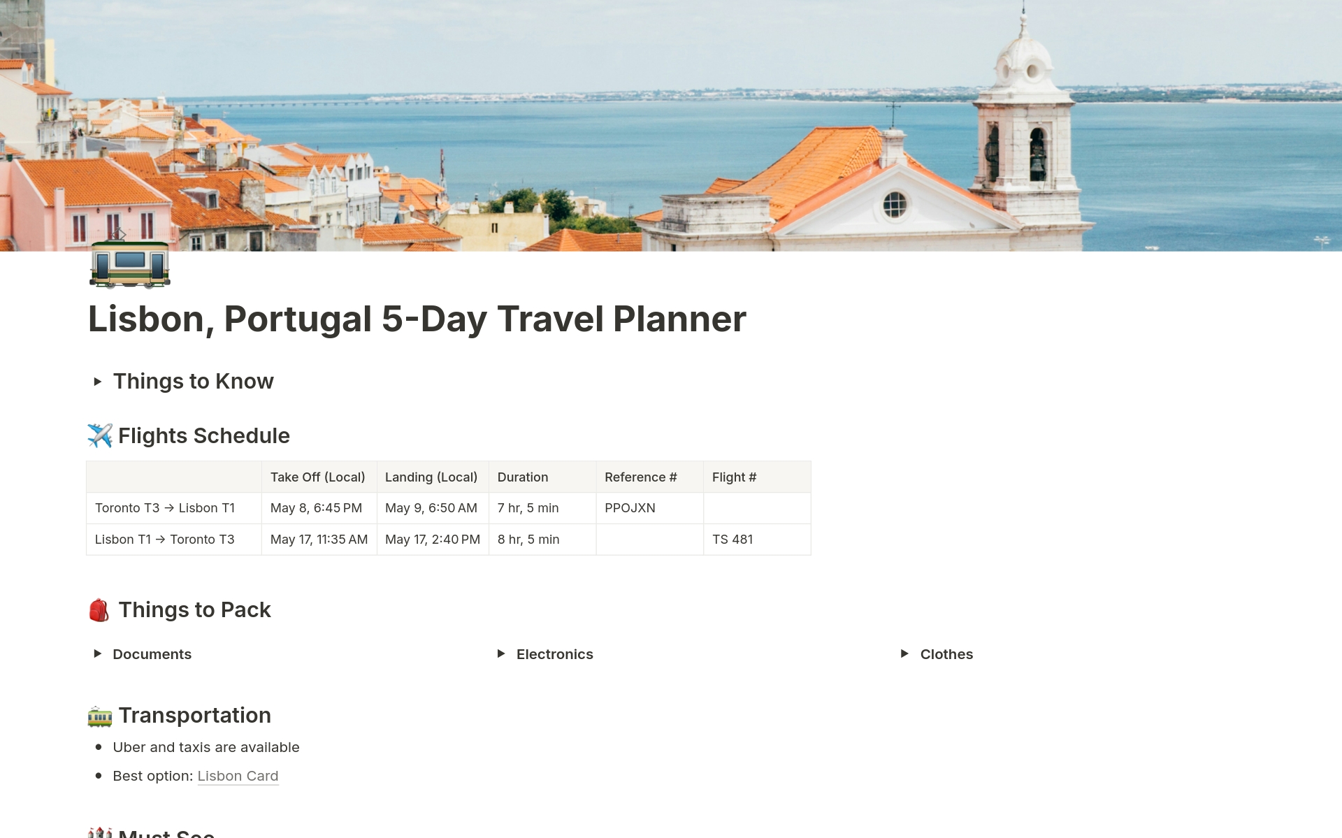 Vista previa de plantilla para 🚃 Lisbon, Portugal 5-Day Travel Itinerary Planner