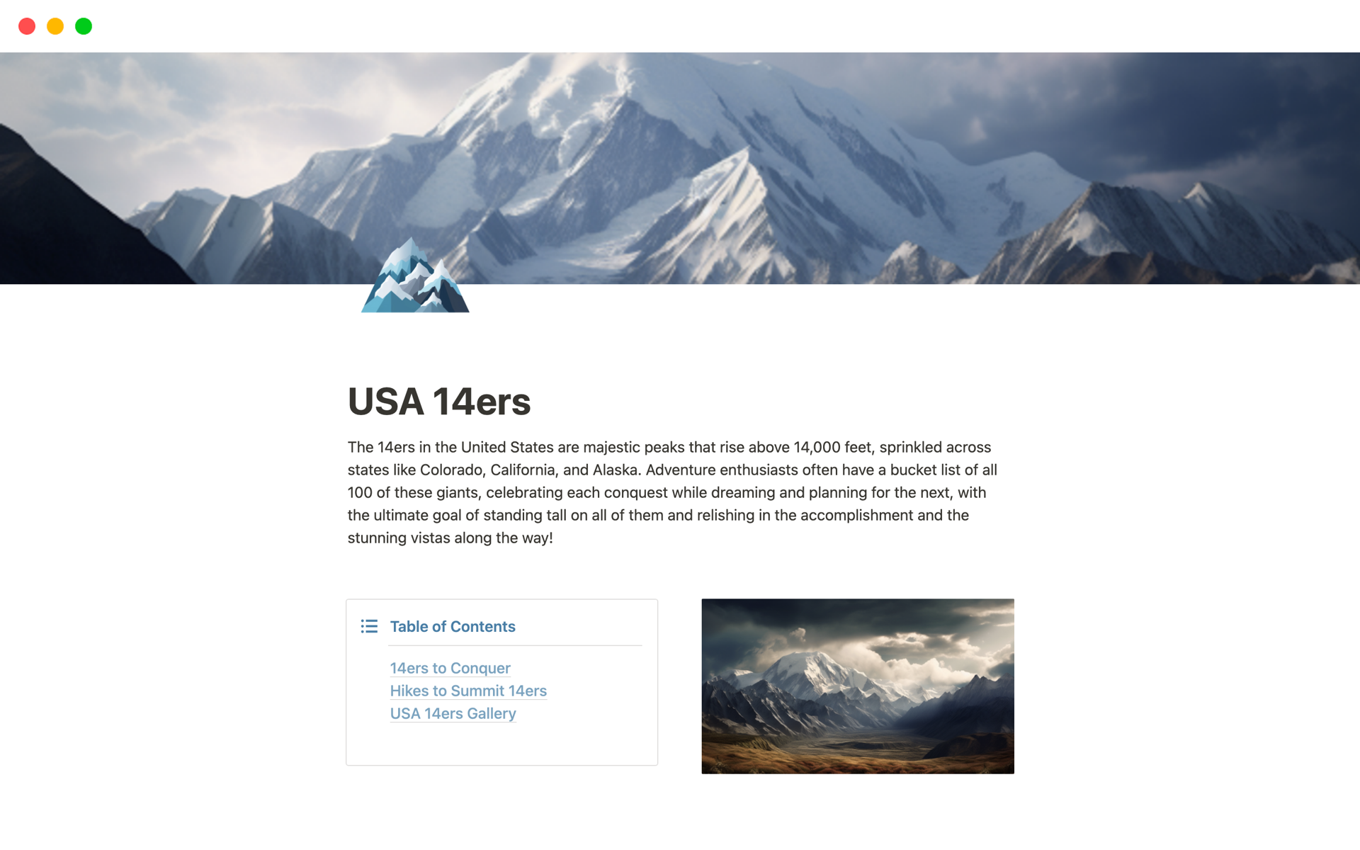 A template preview for USA 14ers Summit List