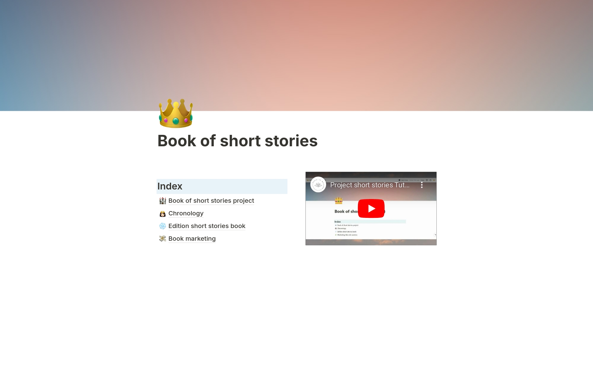This template is designed to help you plan, organize, and track every detail of your short story book project.
You will independently plan each story, organize them chronologically, and track every step of the editing process.