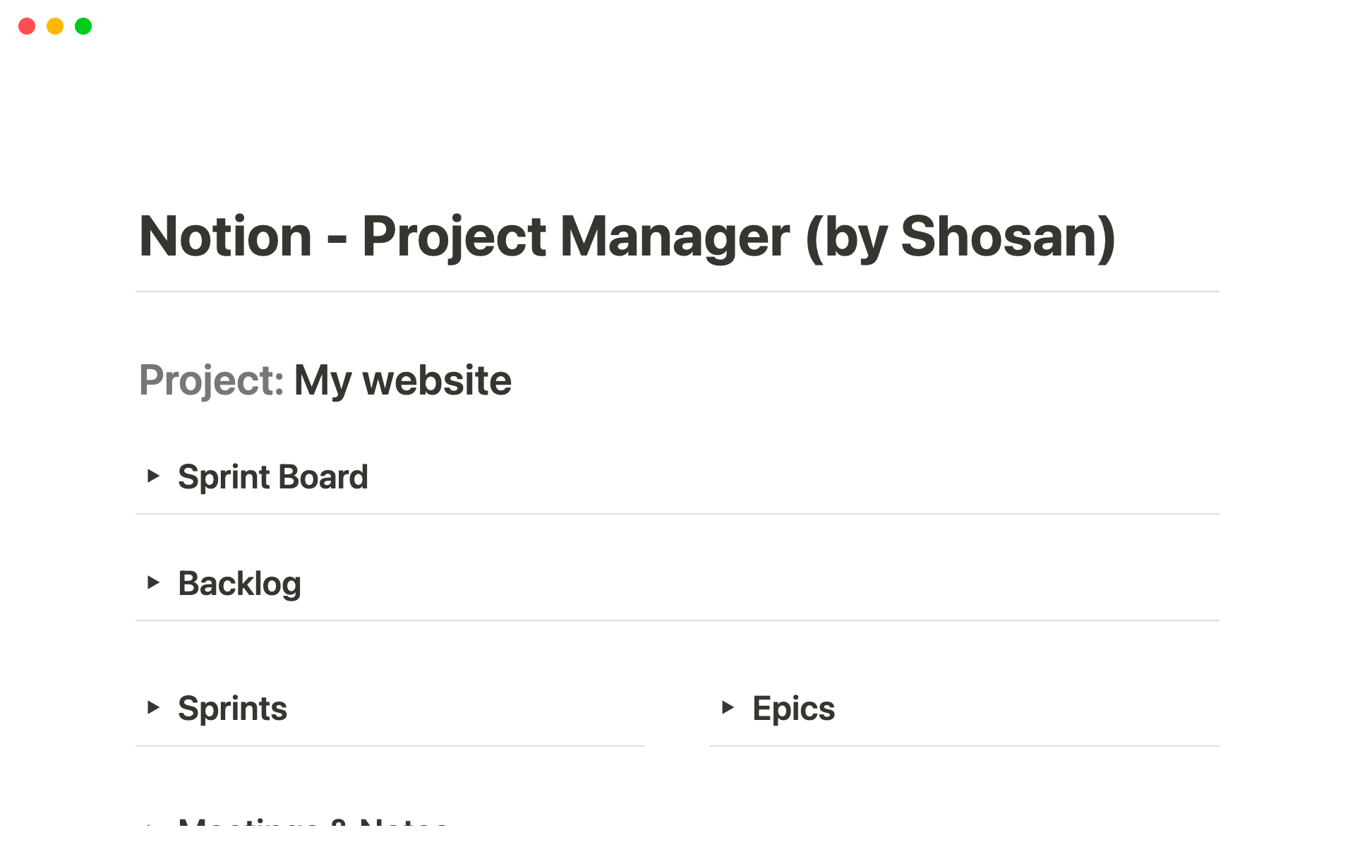 En forhåndsvisning av mal for Notion Project Manager (by Shosan)