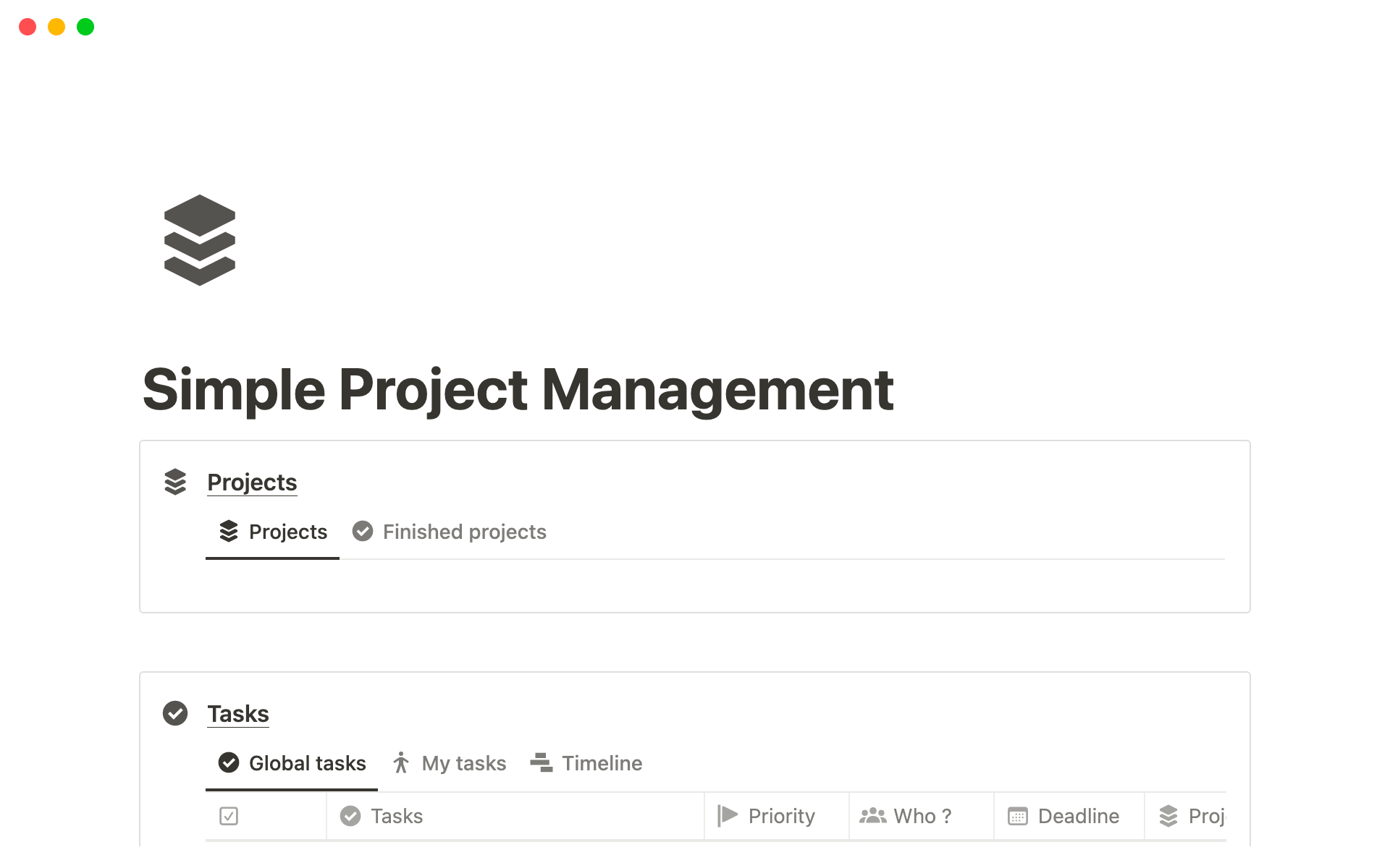 En förhandsgranskning av mallen för Simple Project Management