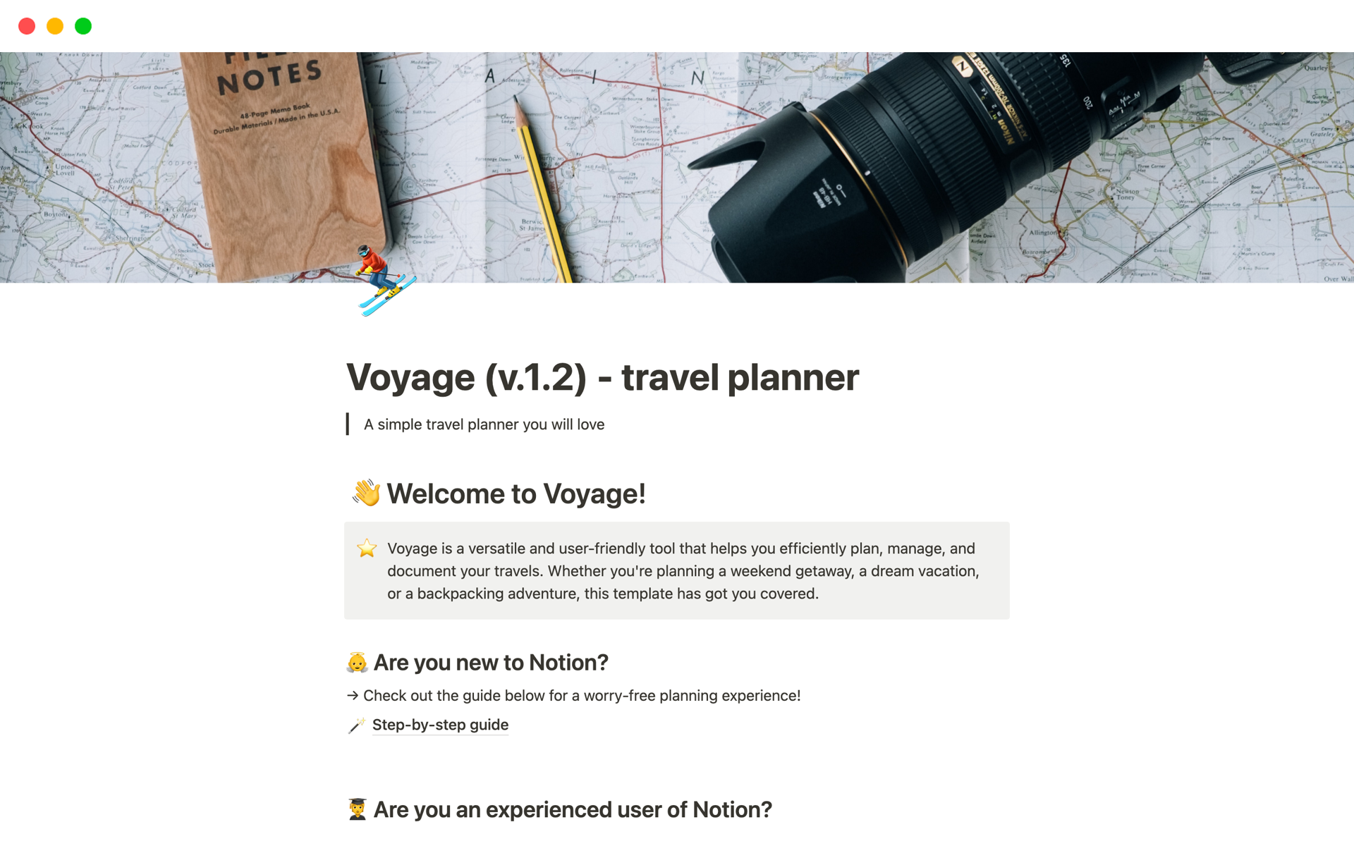 En förhandsgranskning av mallen för Voyage (v.1.2) - travel planner