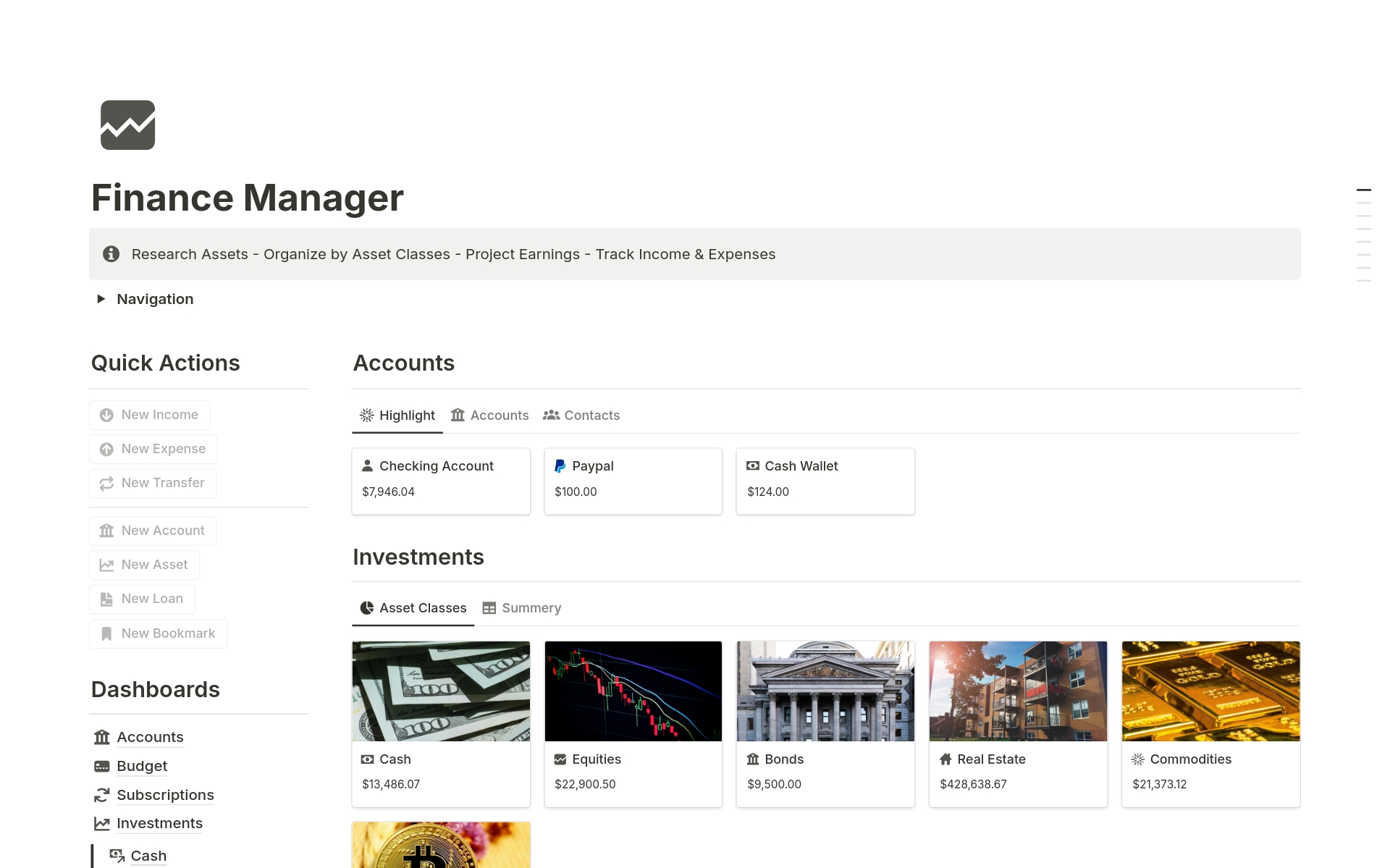A template preview for Finance Manager