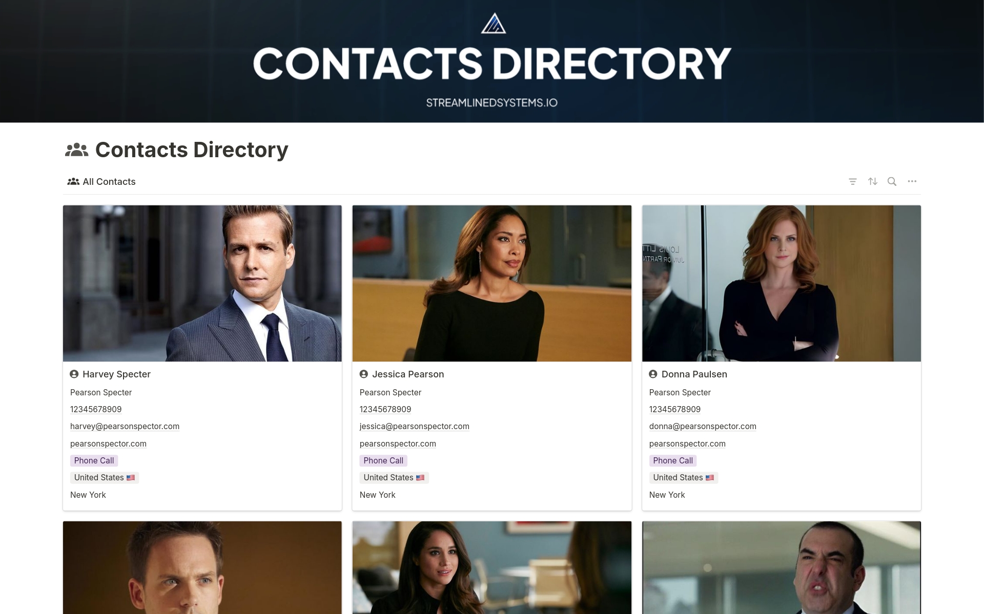 Uma prévia do modelo para Contacts Directory