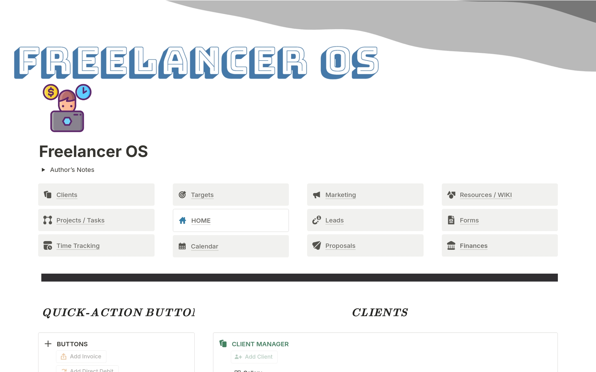En forhåndsvisning av mal for Freelancer OS | CRM & Business Manager