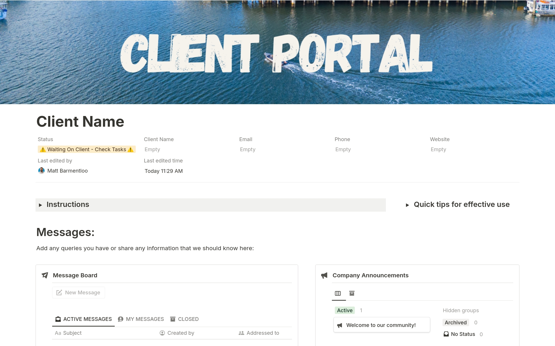 Vista previa de plantilla para Client Portal