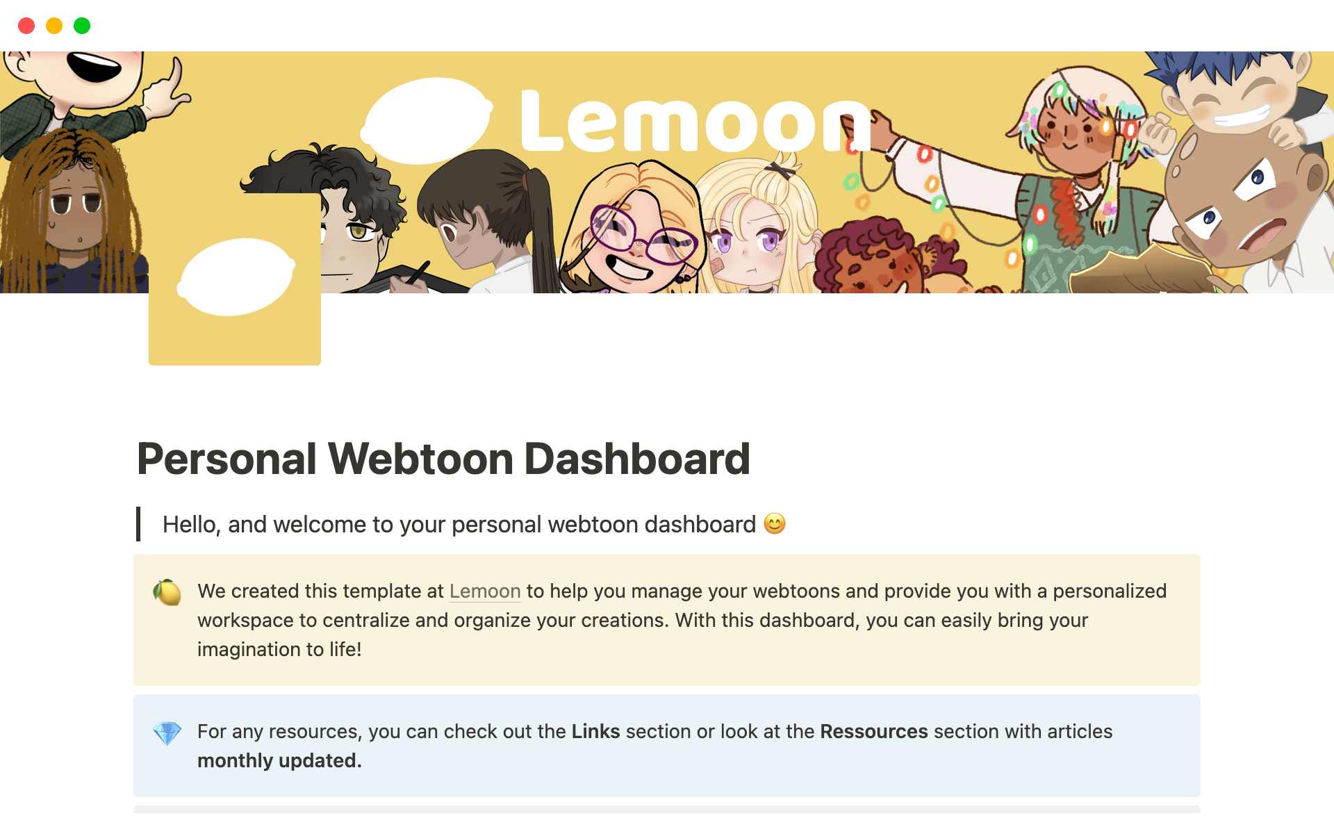 Personal Webtoon Dashboardのテンプレートのプレビュー
