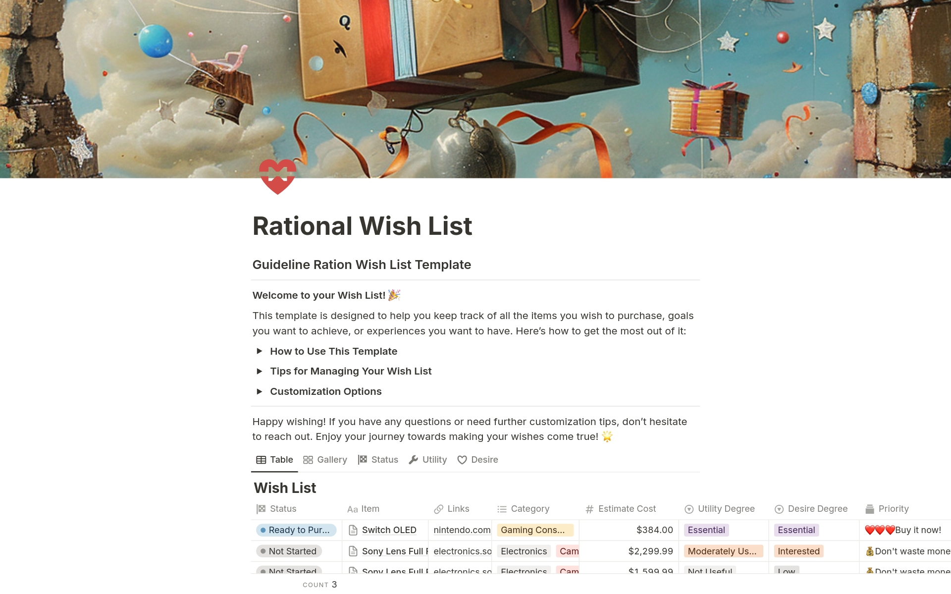 A template preview for Ration Wish List