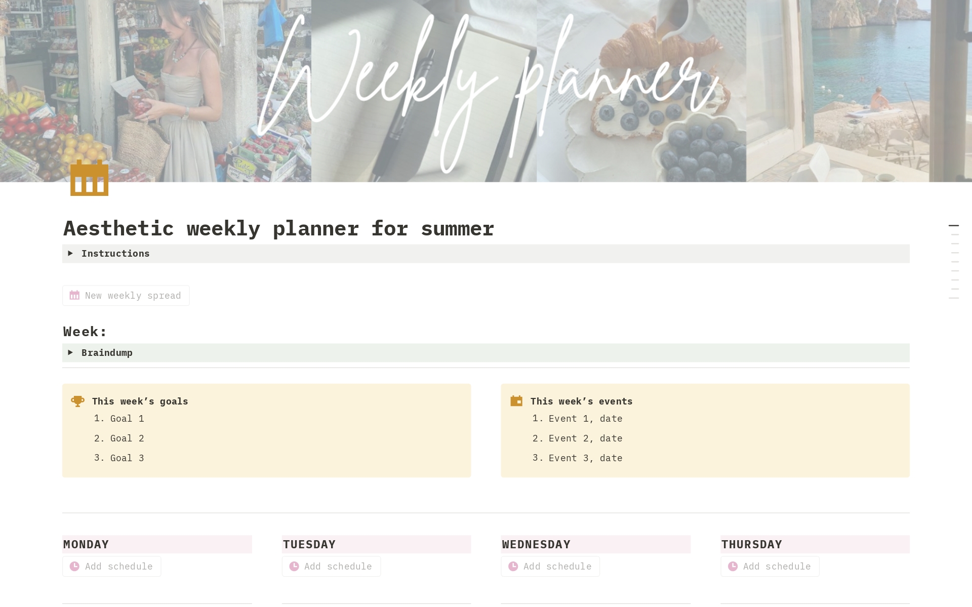 Aesthetic weekly planner for summerのテンプレートのプレビュー