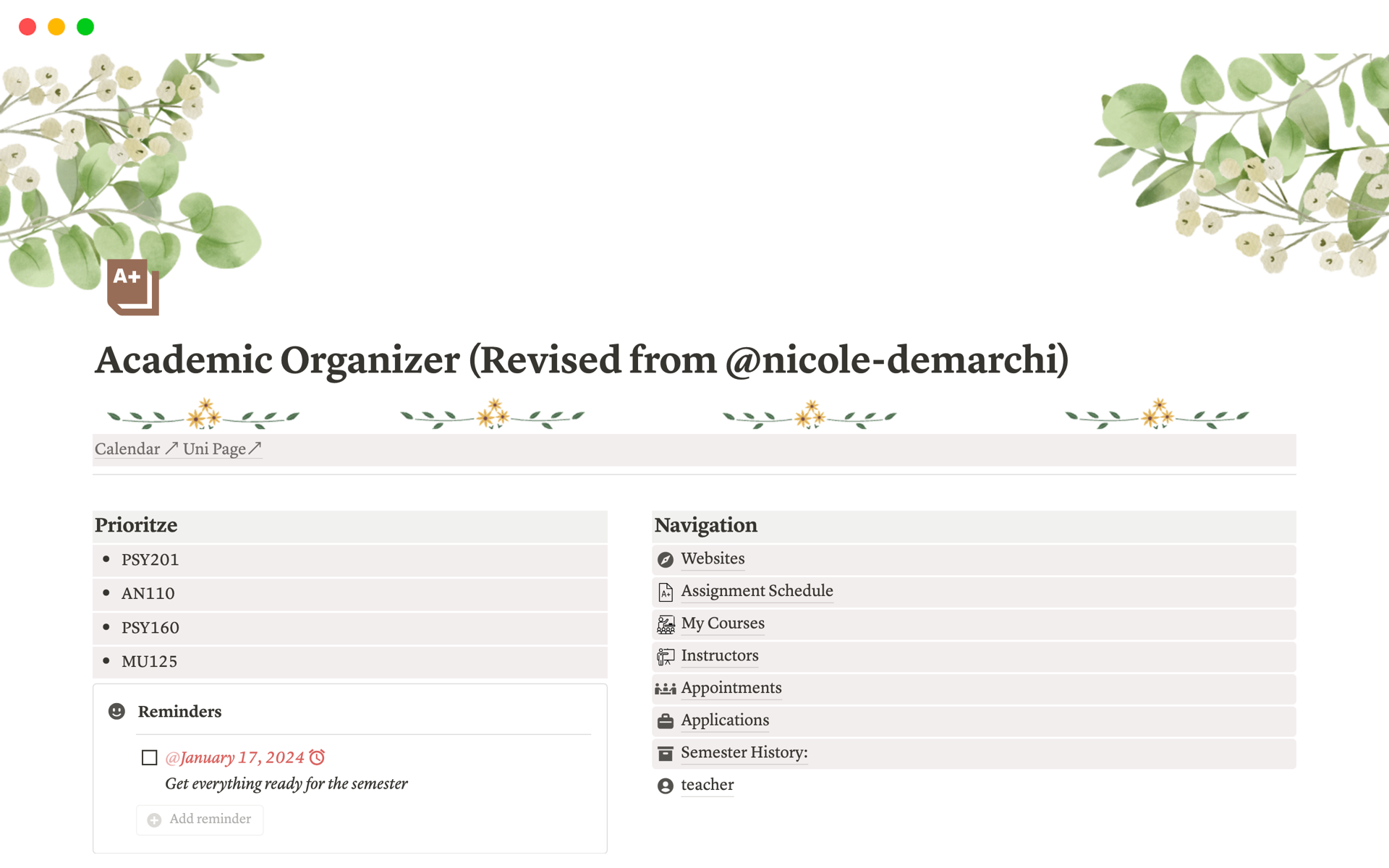 A template preview for Academic Organizer