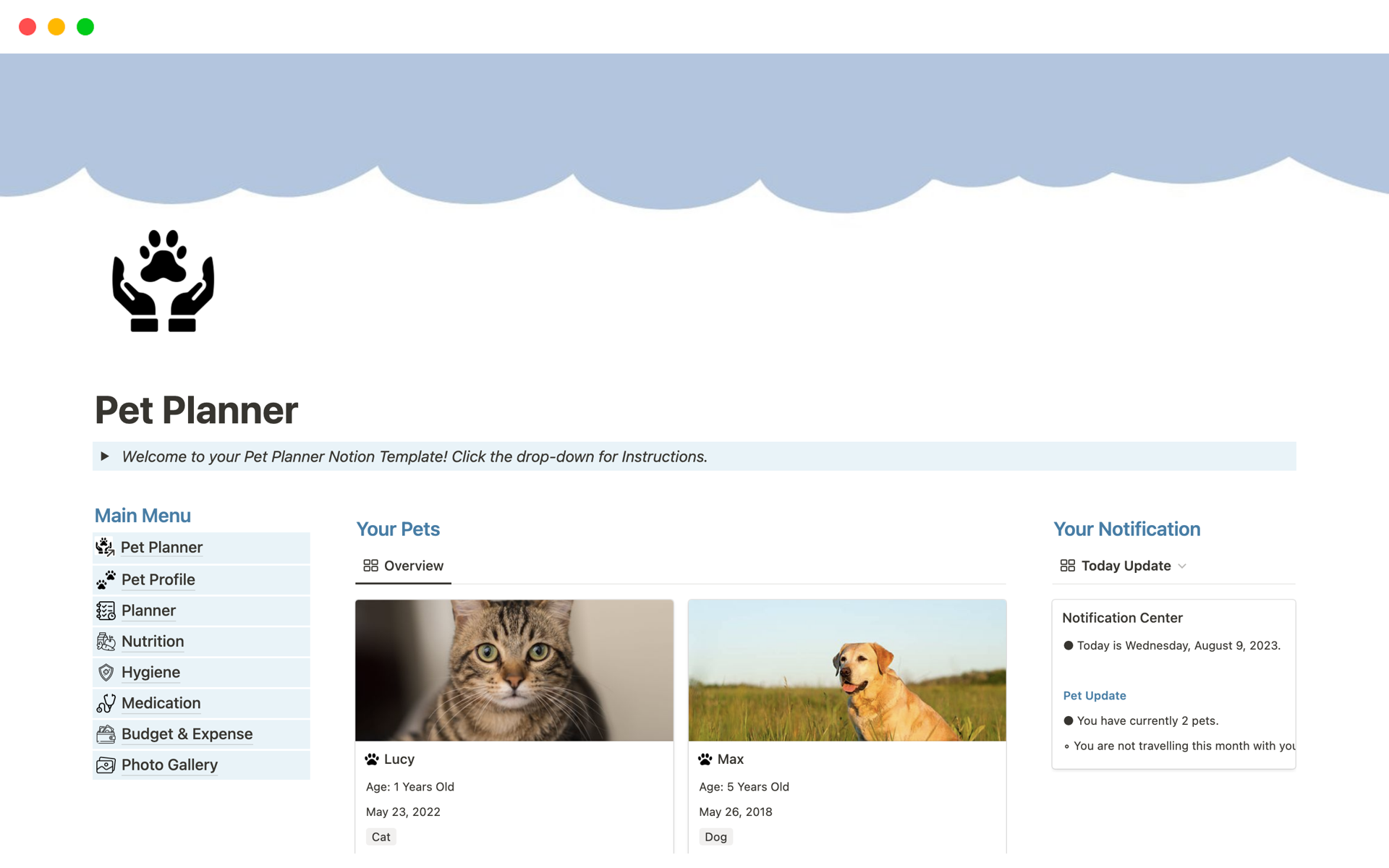 Get your pet's well-being on track and stay organized with a thoughtfully designed Notion Template.

