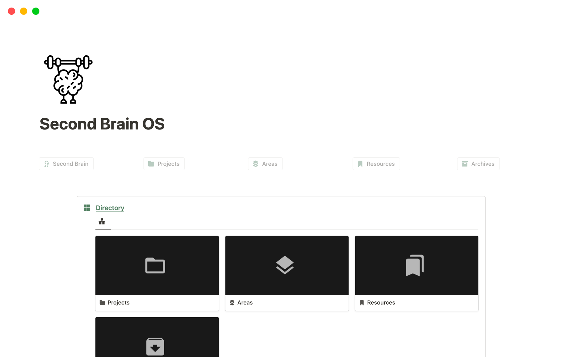 En forhåndsvisning av mal for Second Brain OS