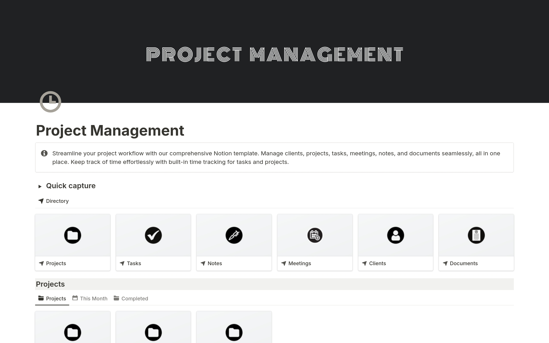 En forhåndsvisning av mal for Project Management with time tracking