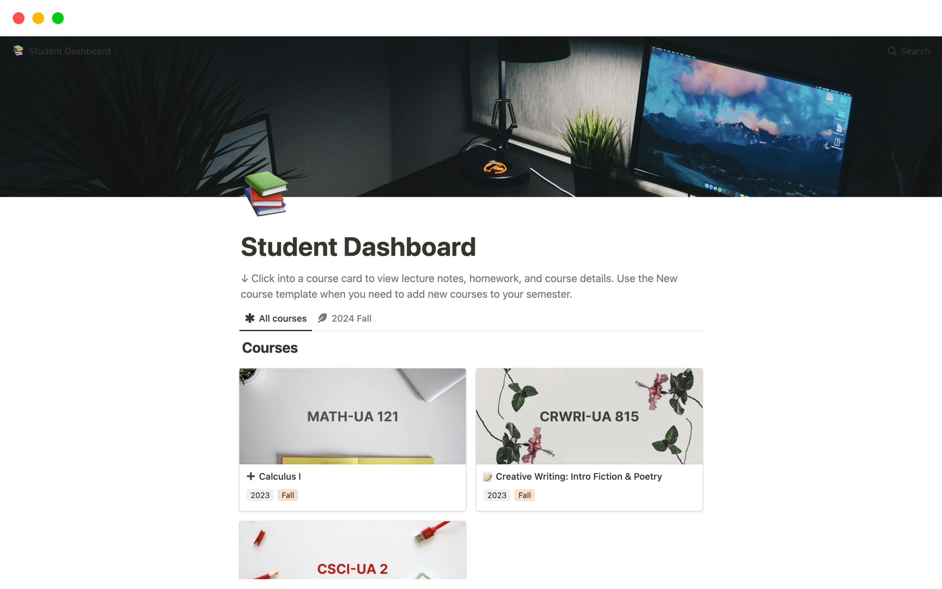 En forhåndsvisning av mal for Student dashboard