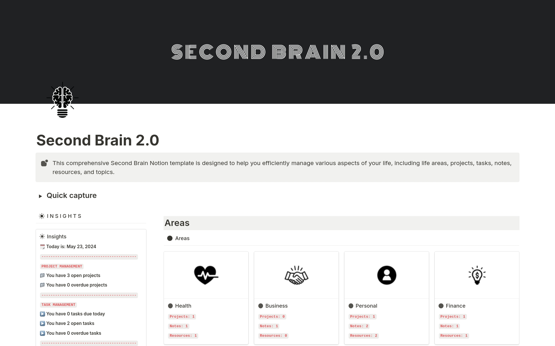 En förhandsgranskning av mallen för Second Brain 2.0