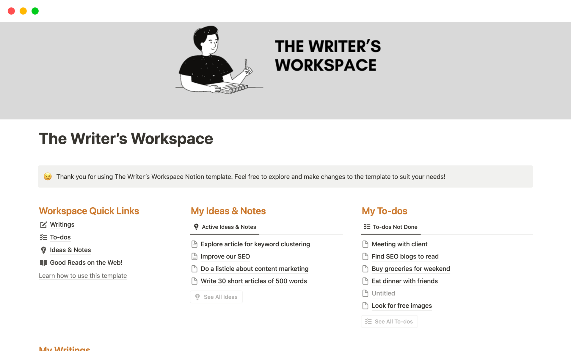 En förhandsgranskning av mallen för The Writer’s Workspace