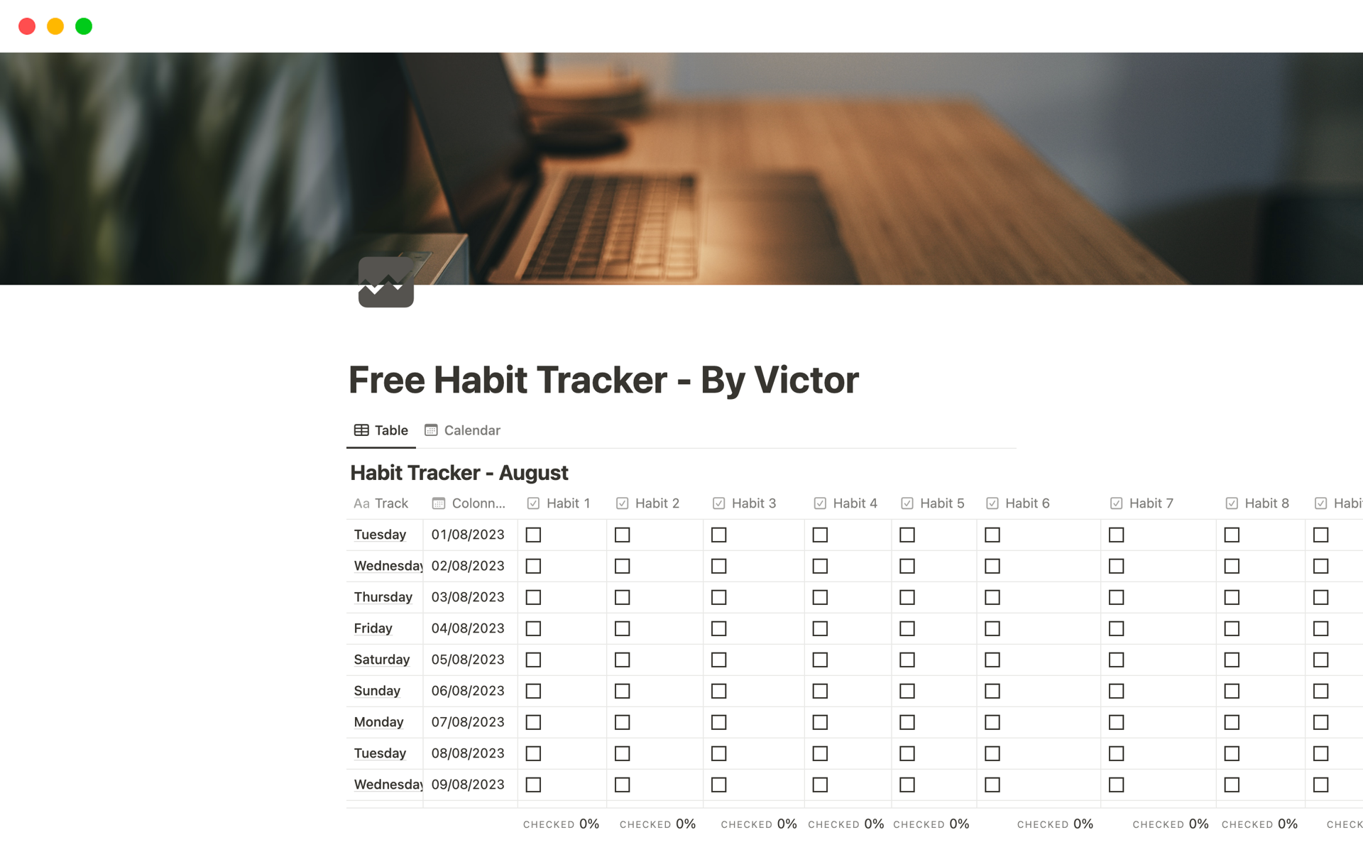 En förhandsgranskning av mallen för Habit Tracker - By Victor