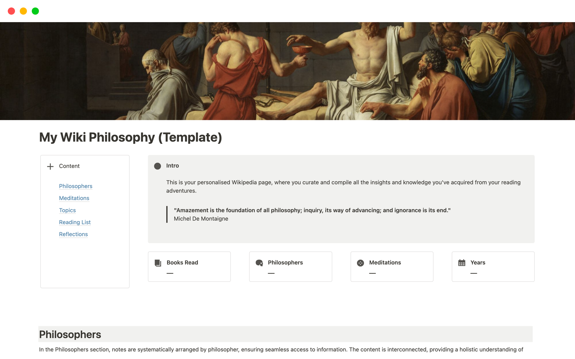 Elevate your philosophical journey with this personalized Notion template, designed to curate insights, readings, and reflections in a structured wiki format.