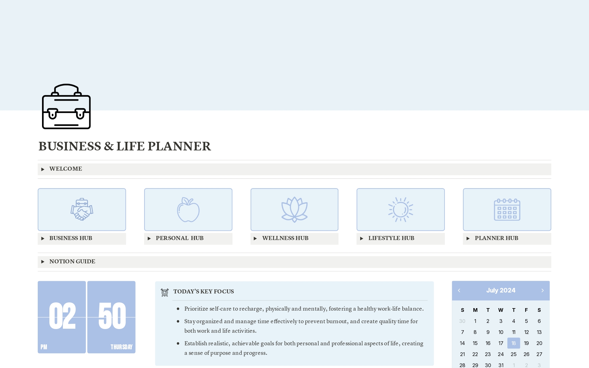 A template preview for Business & Life Planner - Blue