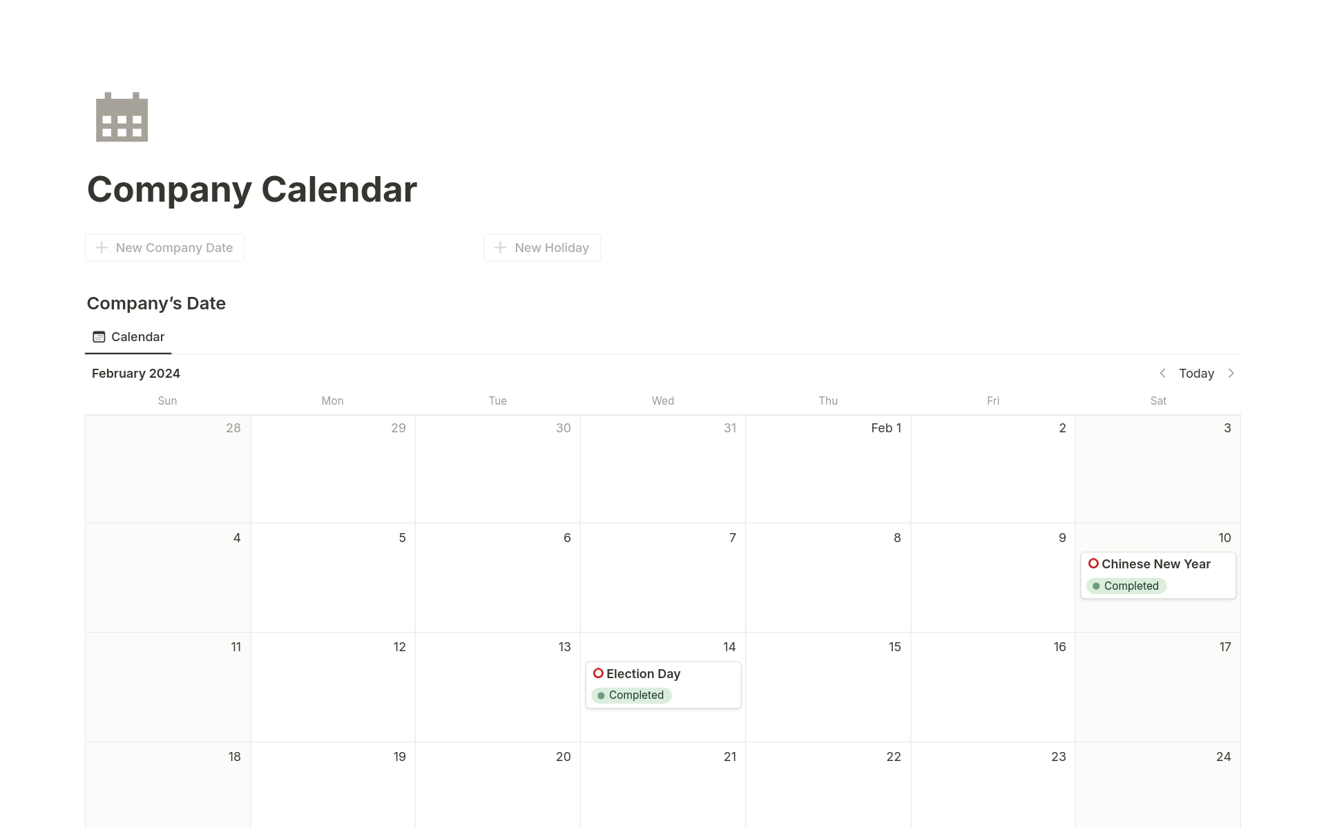 En förhandsgranskning av mallen för Company Calendar & Holiday