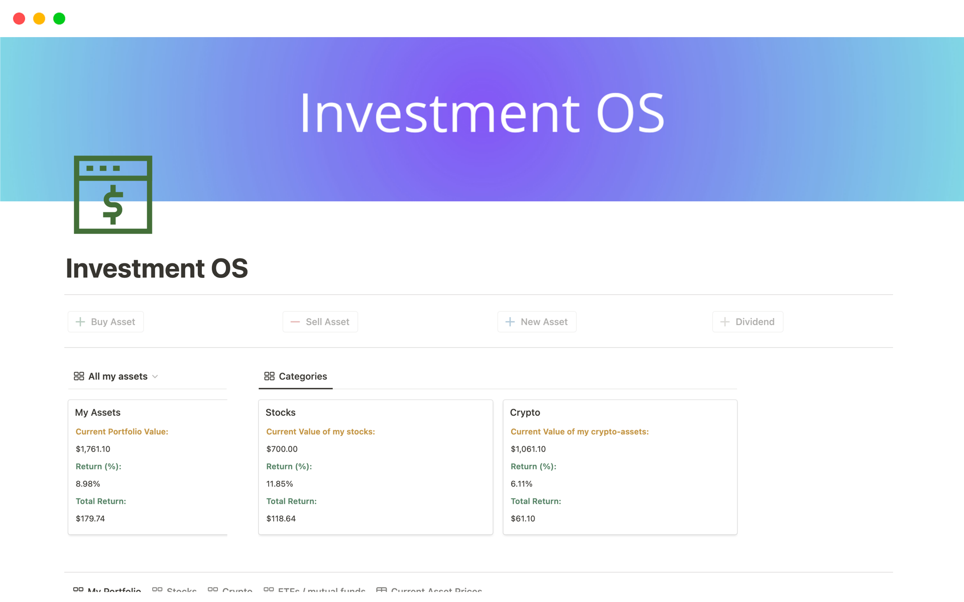 En forhåndsvisning av mal for Investment OS