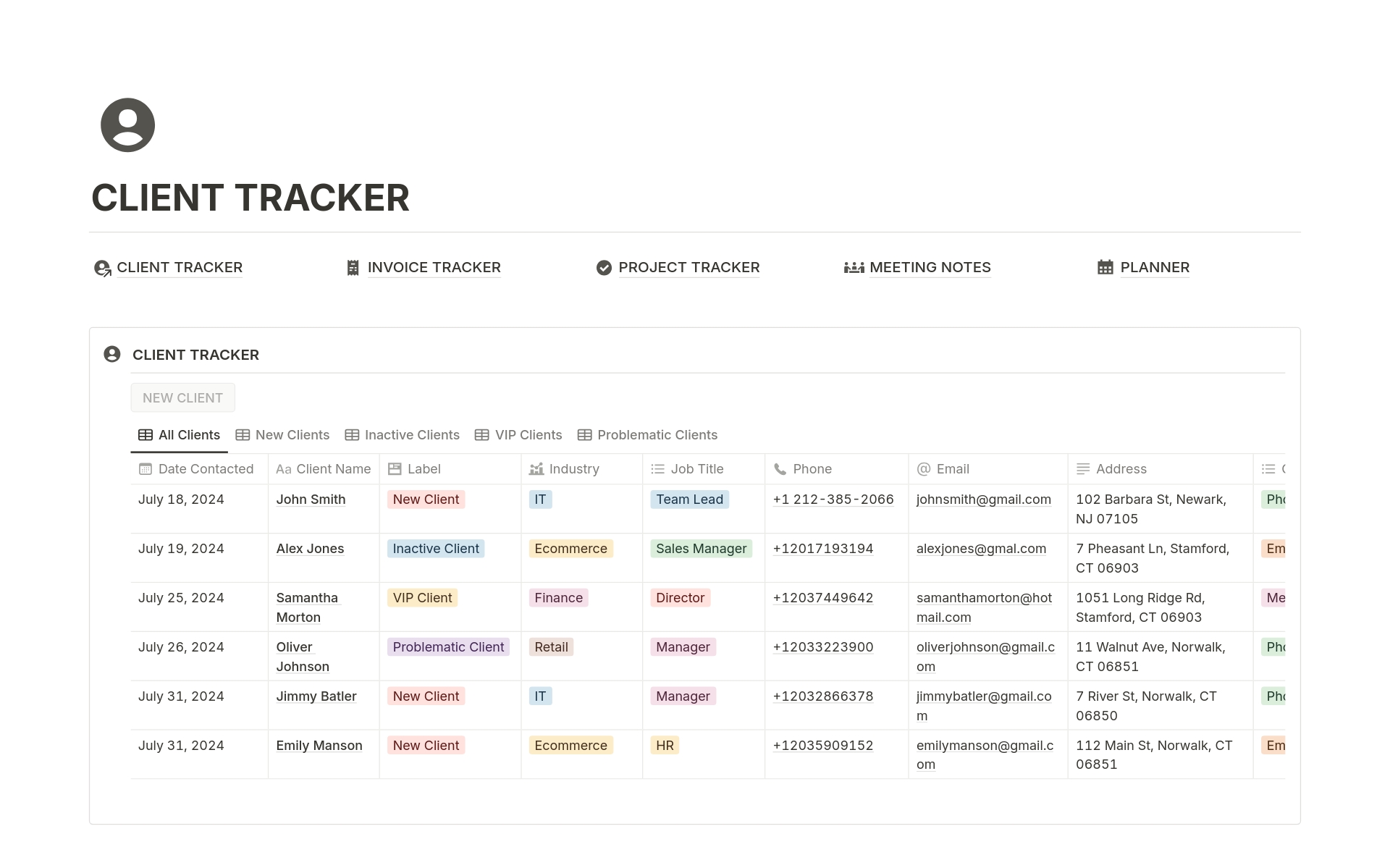 En forhåndsvisning av mal for Client Tracker