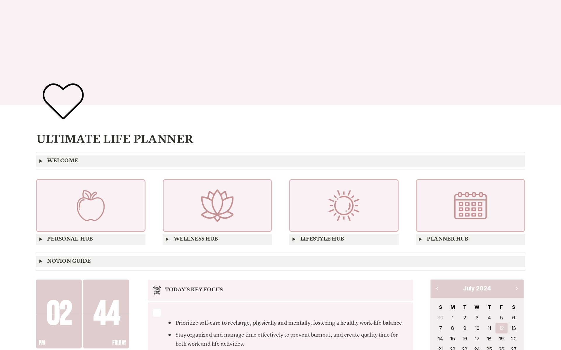 Vista previa de una plantilla para Ultimate Life Planner Pink
