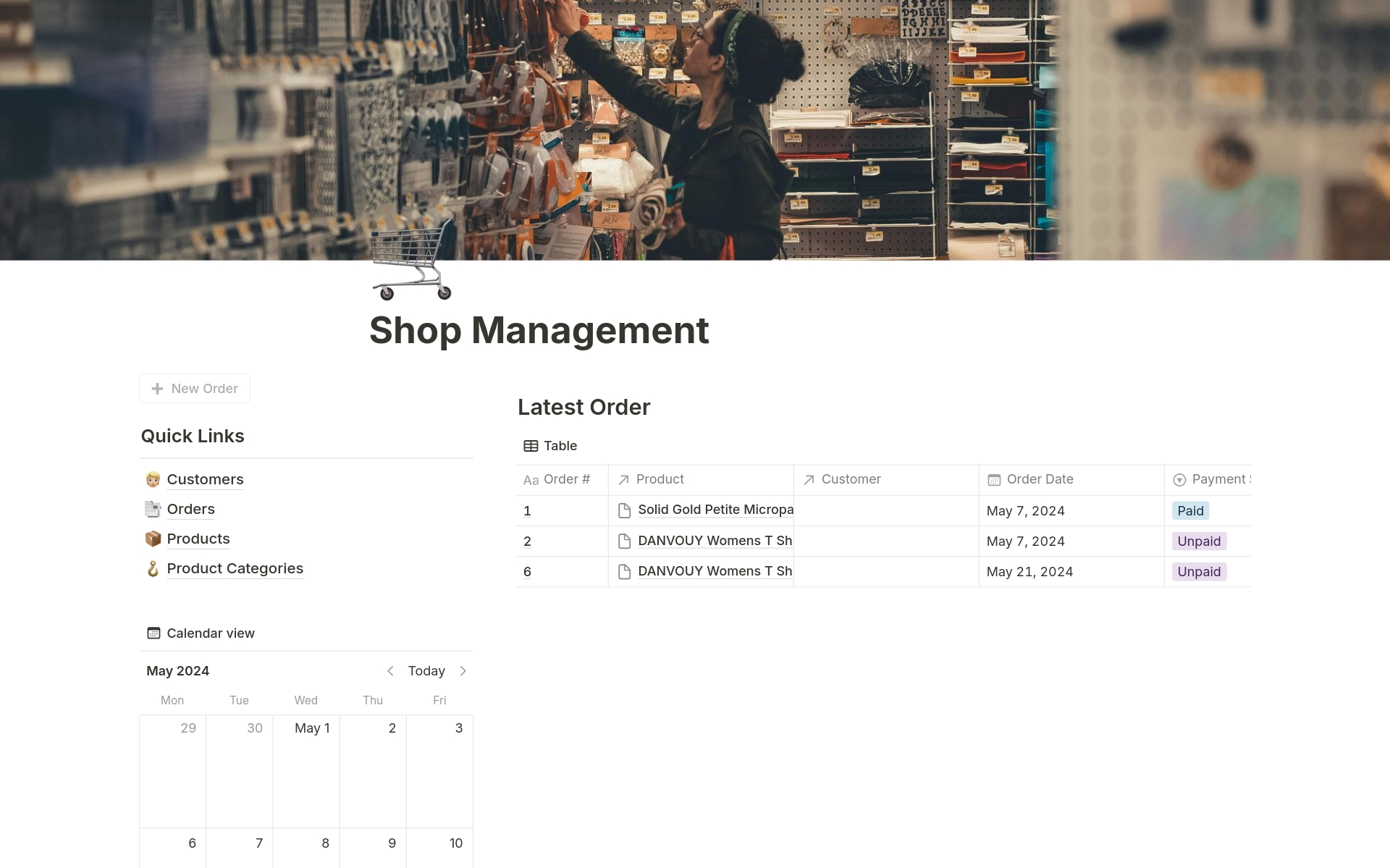 Vista previa de una plantilla para Shop Management