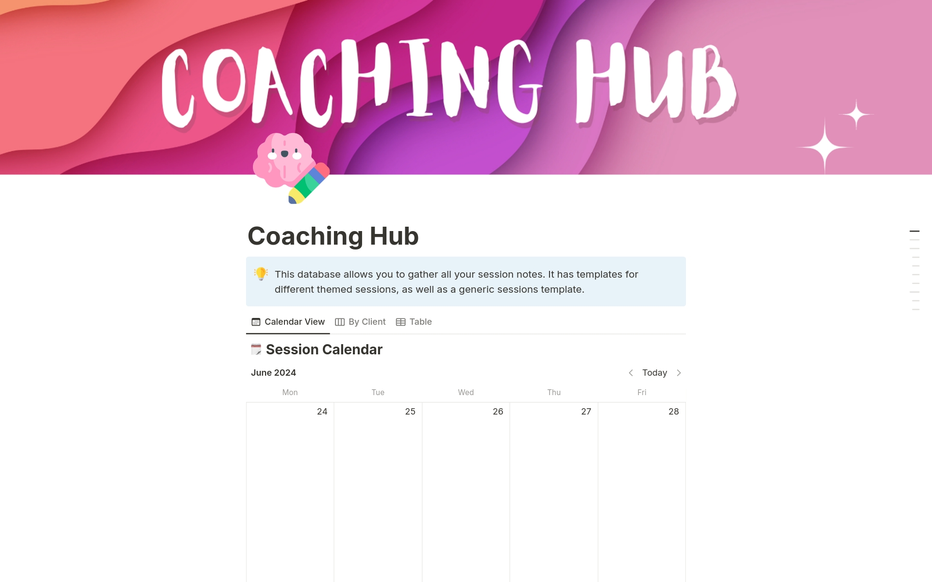 En forhåndsvisning av mal for Coaching Hub - Manage Clients, Sessions & Goals