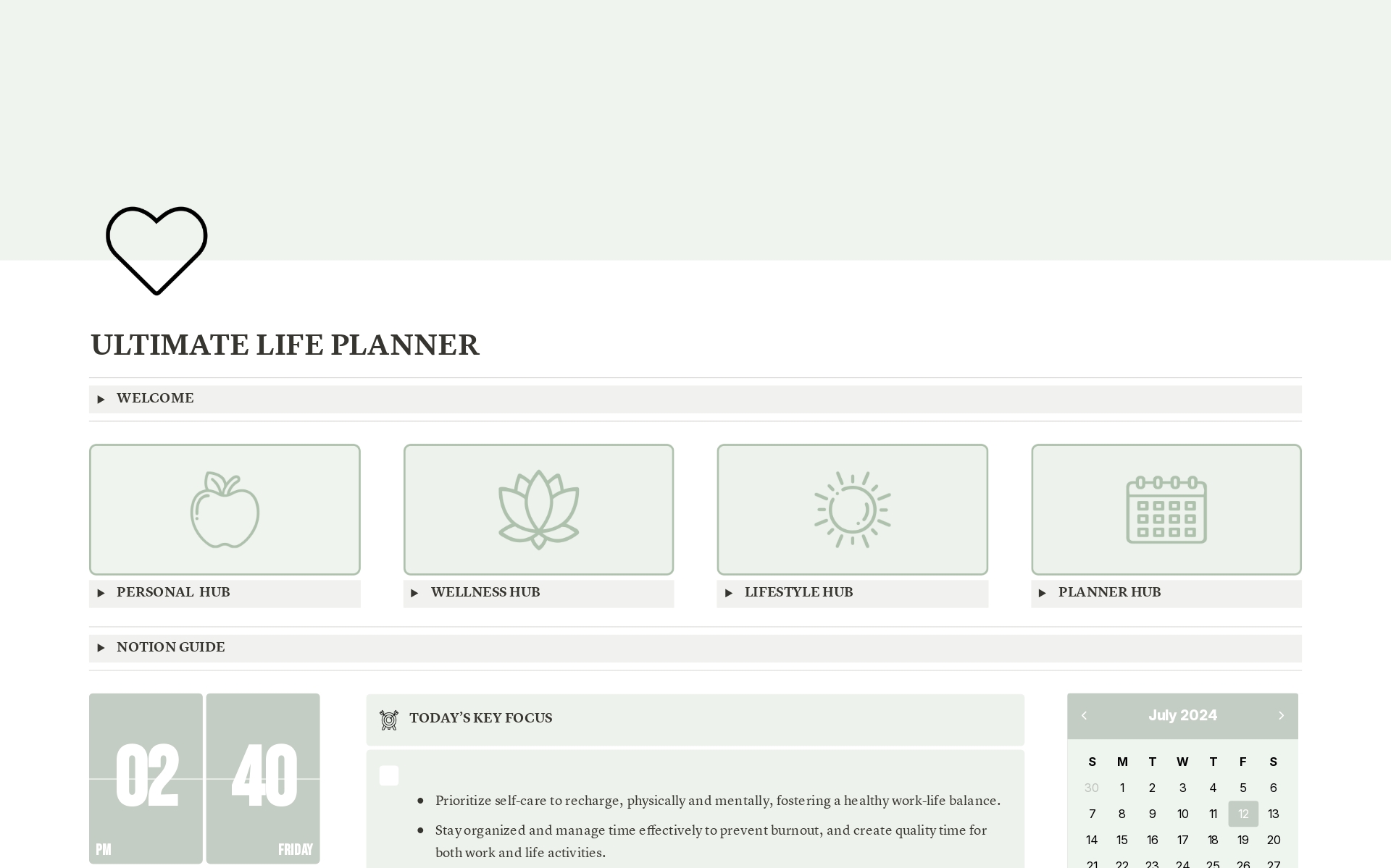 Ultimate Life Planner Sage Greenのテンプレートのプレビュー
