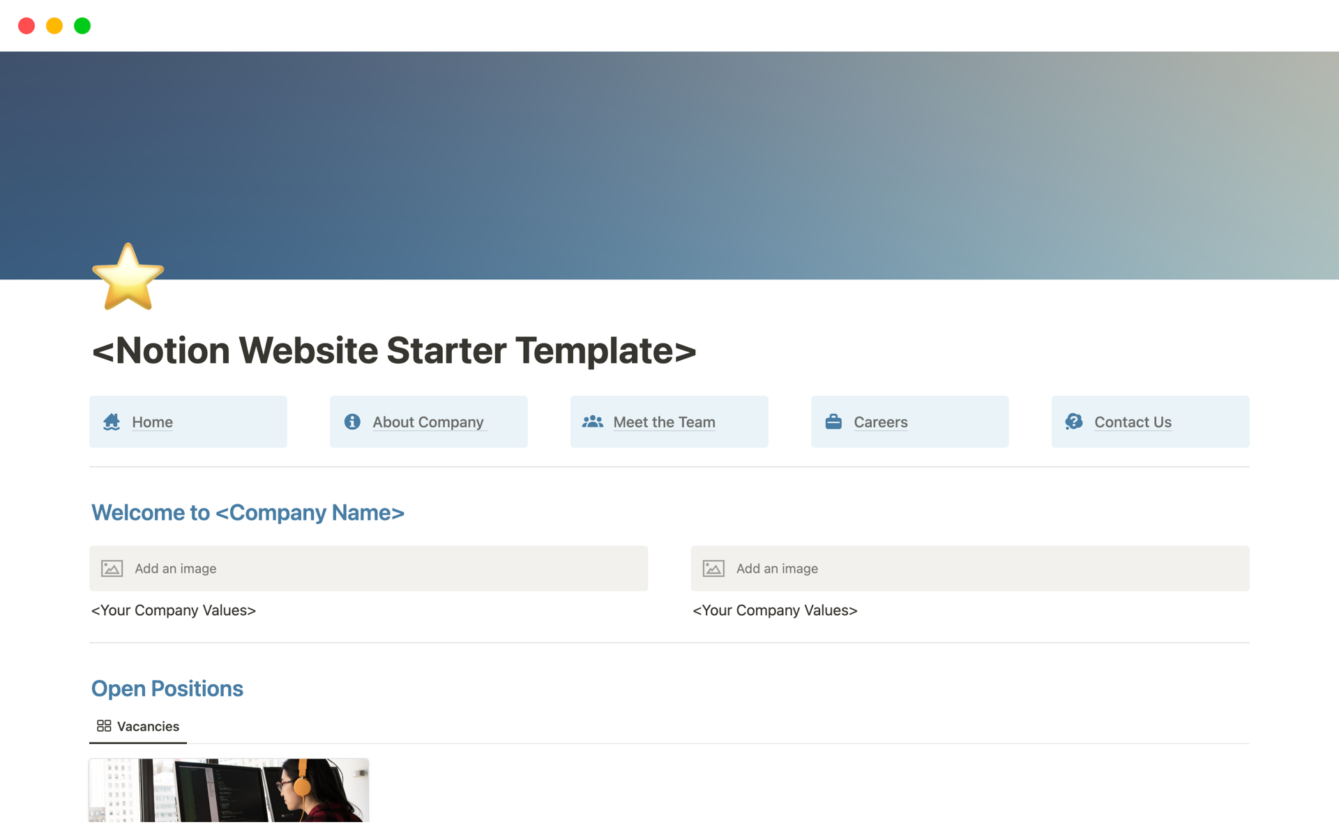 Vista previa de una plantilla para Website Starter