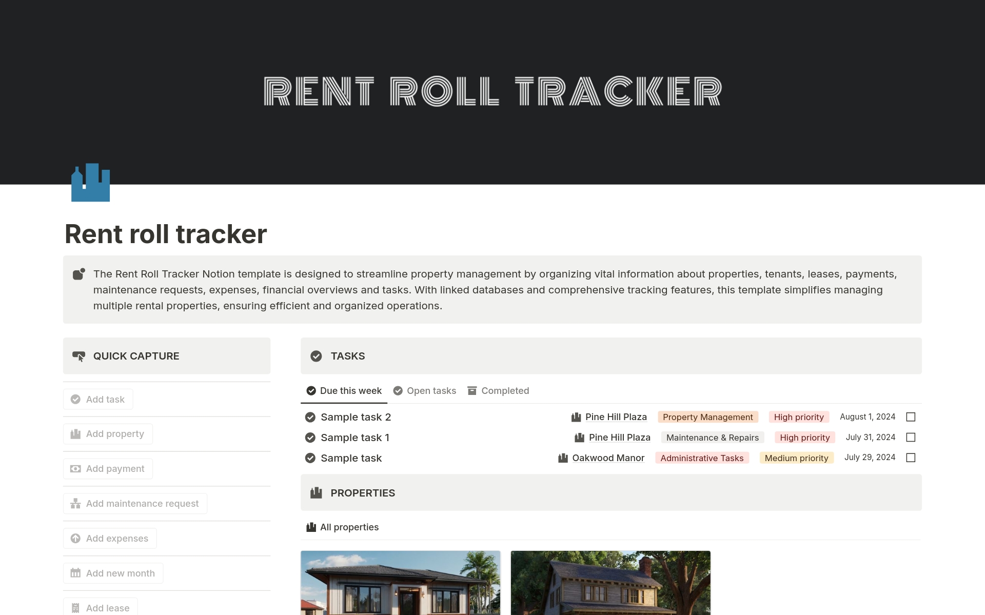 The Rent Roll Tracker Notion template is designed to streamline property management by organizing vital information about properties, tenants, leases, payments, maintenance requests, expenses, financial overviews and tasks.