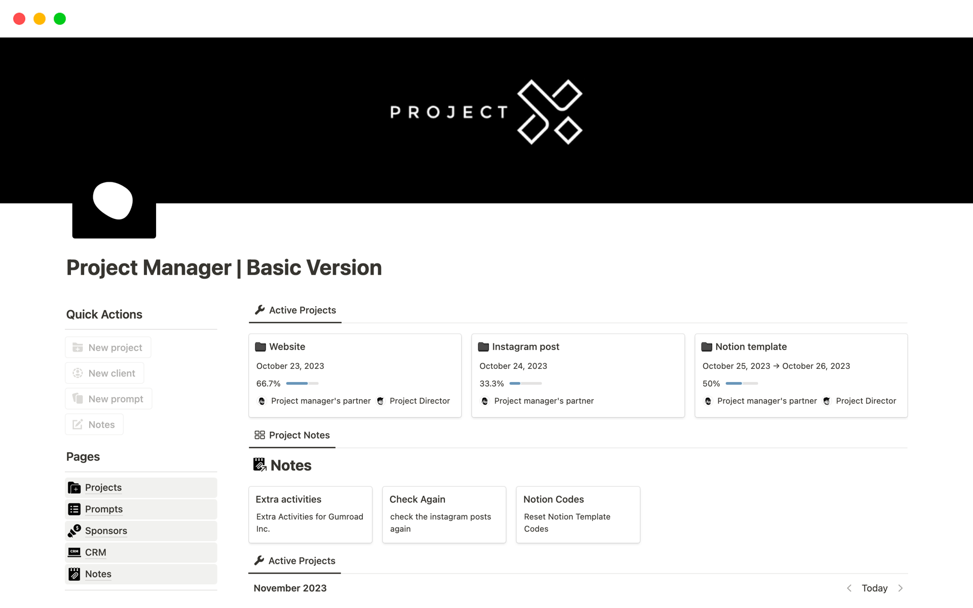 En förhandsgranskning av mallen för Project Manager | Basic Version