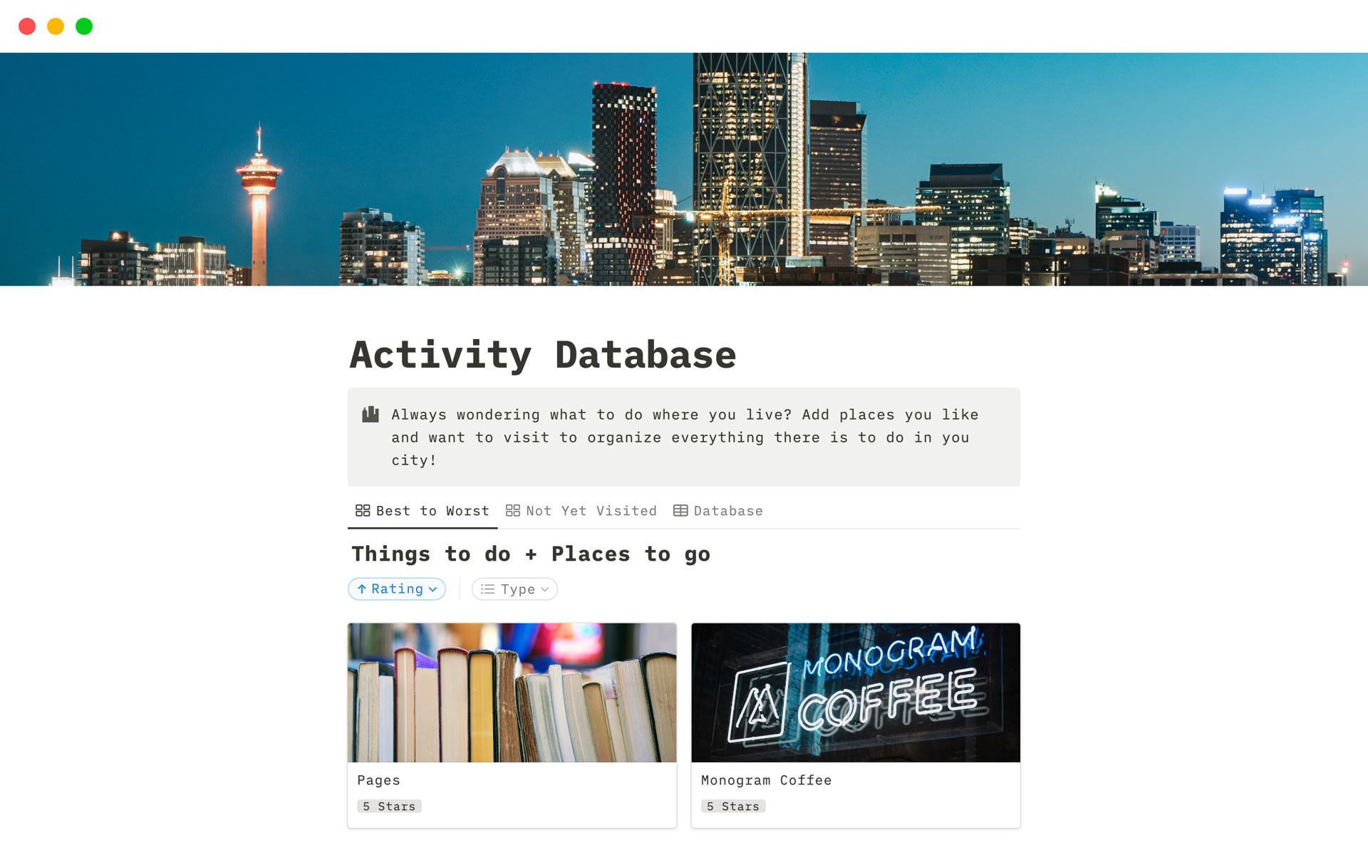 Vista previa de una plantilla para Activity Database
