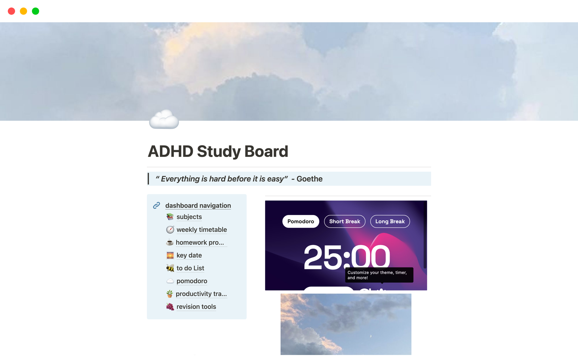 A template preview for ADHD Study Board