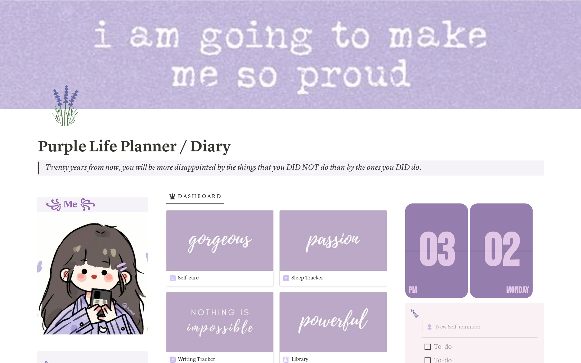 Vista previa de una plantilla para Purple Life Planner / Diary